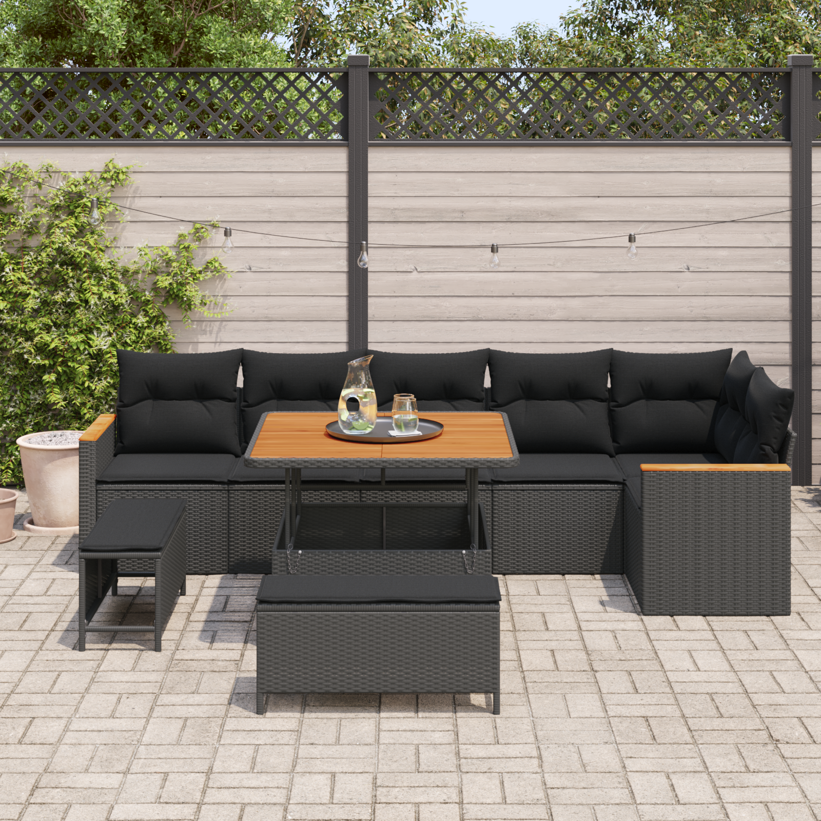 vidaXL 9-delige Tuinbankenset met kussens poly rattan acacia zwart