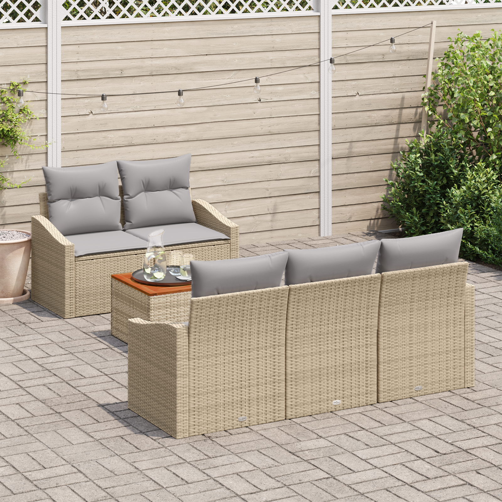 vidaXL 6-delige tuinset met kussens in beige van poly rattan en acacia