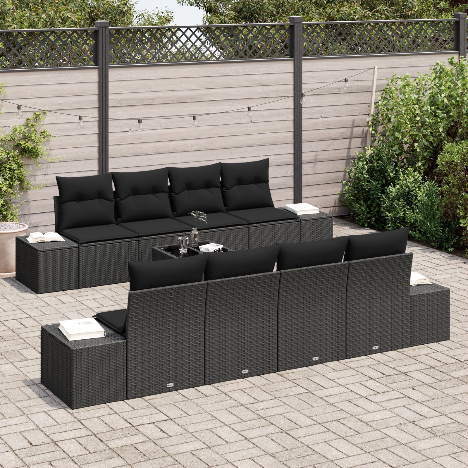 vidaXL 7-delige Tuinbankenset met kussens poly rattan zwart