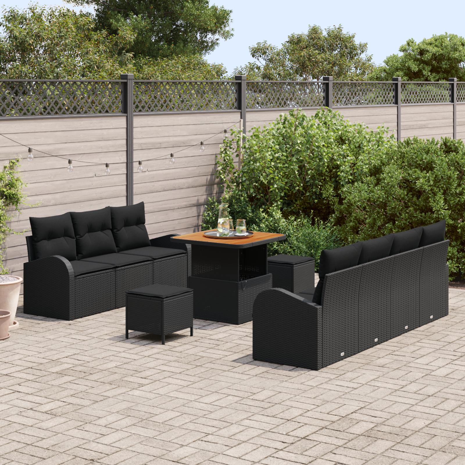 vidaXL 10-delige tuinbankset met kussens zwart poly rattan acacia