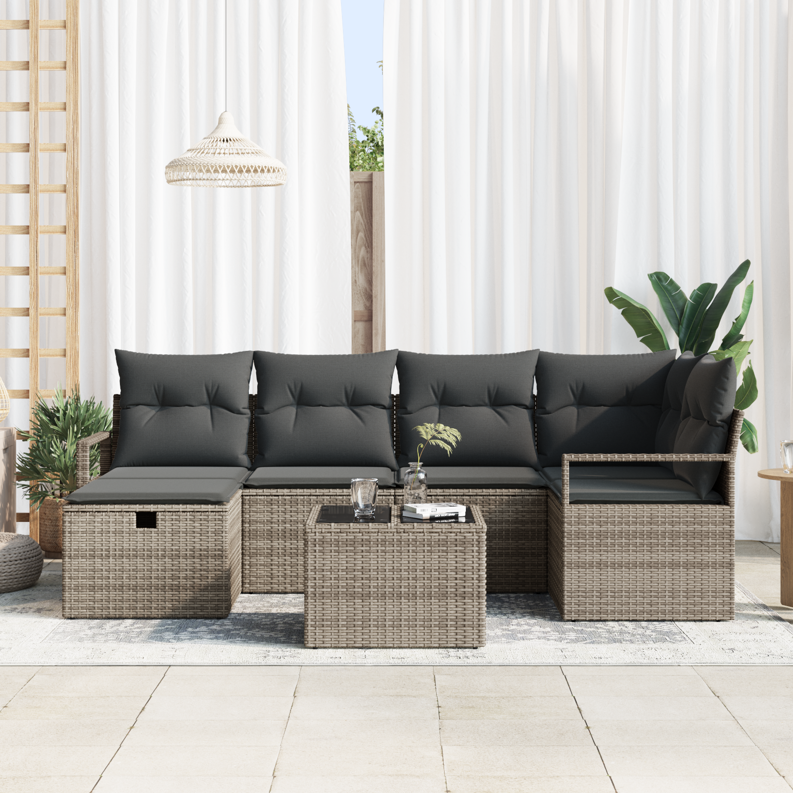 vidaXL 7-delige Tuinbankenset met kussens poly rattan grijs