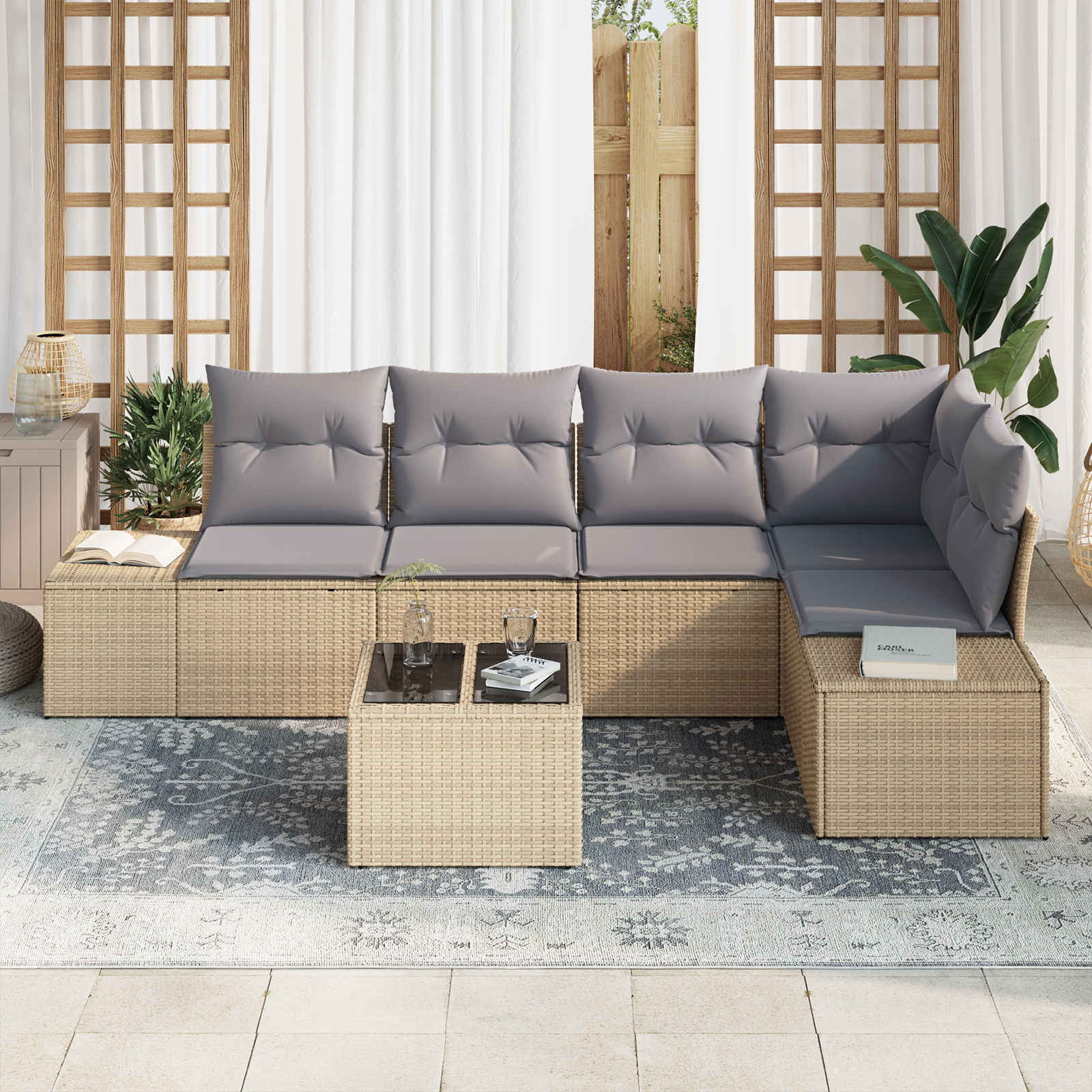 vidaXL 6-delige Tuinbankenset met kussens poly rattan zwart