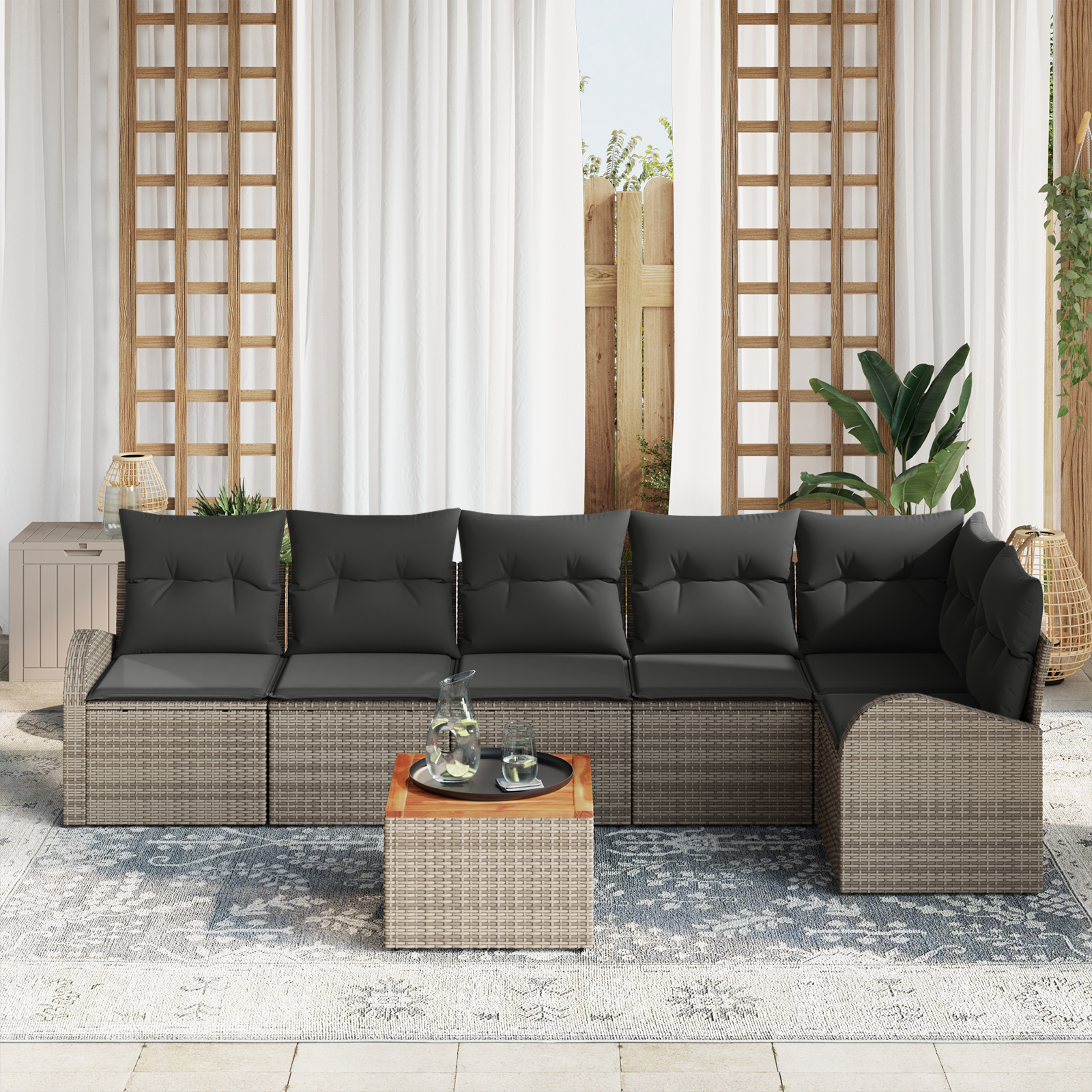 vidaXL 7-delige tuinbankset met kussens grijs poly rattan en acacia