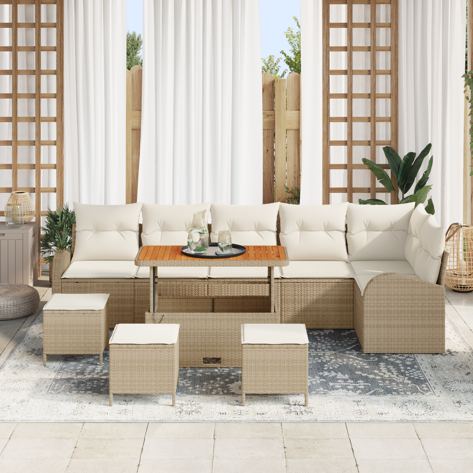 vidaXL 10-delige Tuinbankenset met kussens poly rattan acacia beige