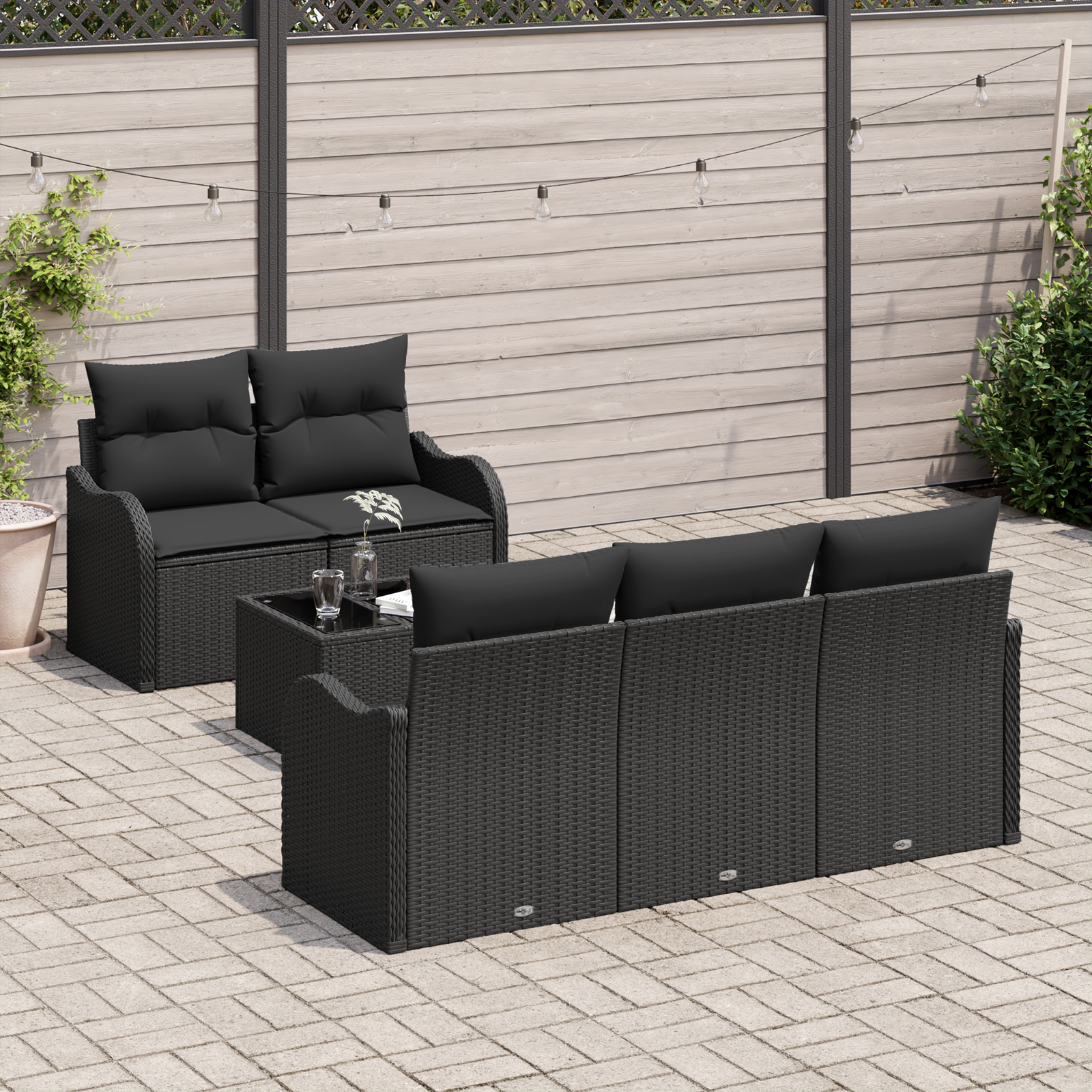 vidaXL 6-delige Tuinbankenset met kussens poly rattan zwart