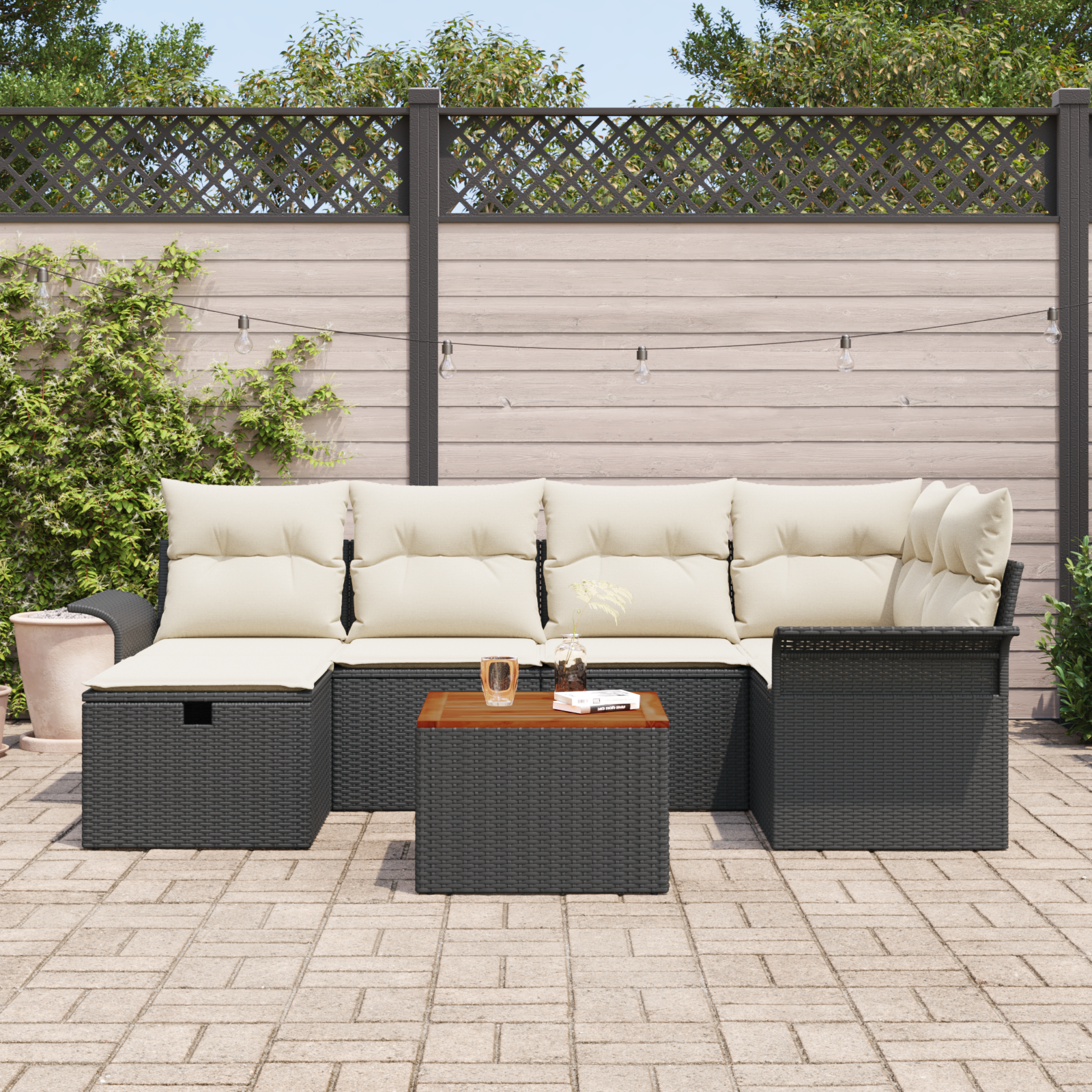 vidaXL 7-delige ligbed set met kussens zwart poly rattan