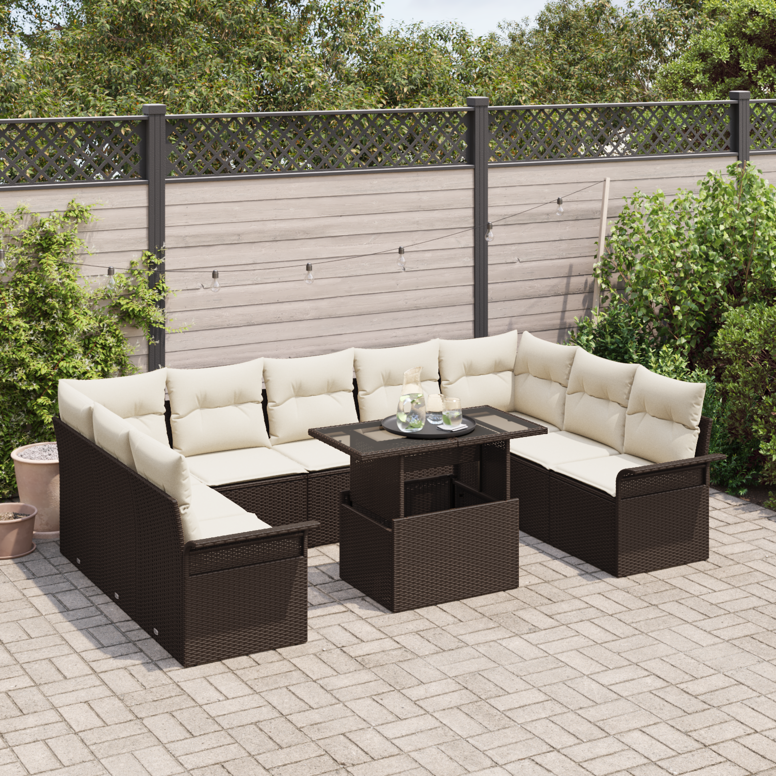 vidaXL 10-delige tuinset met kussens in bruin poly rattan