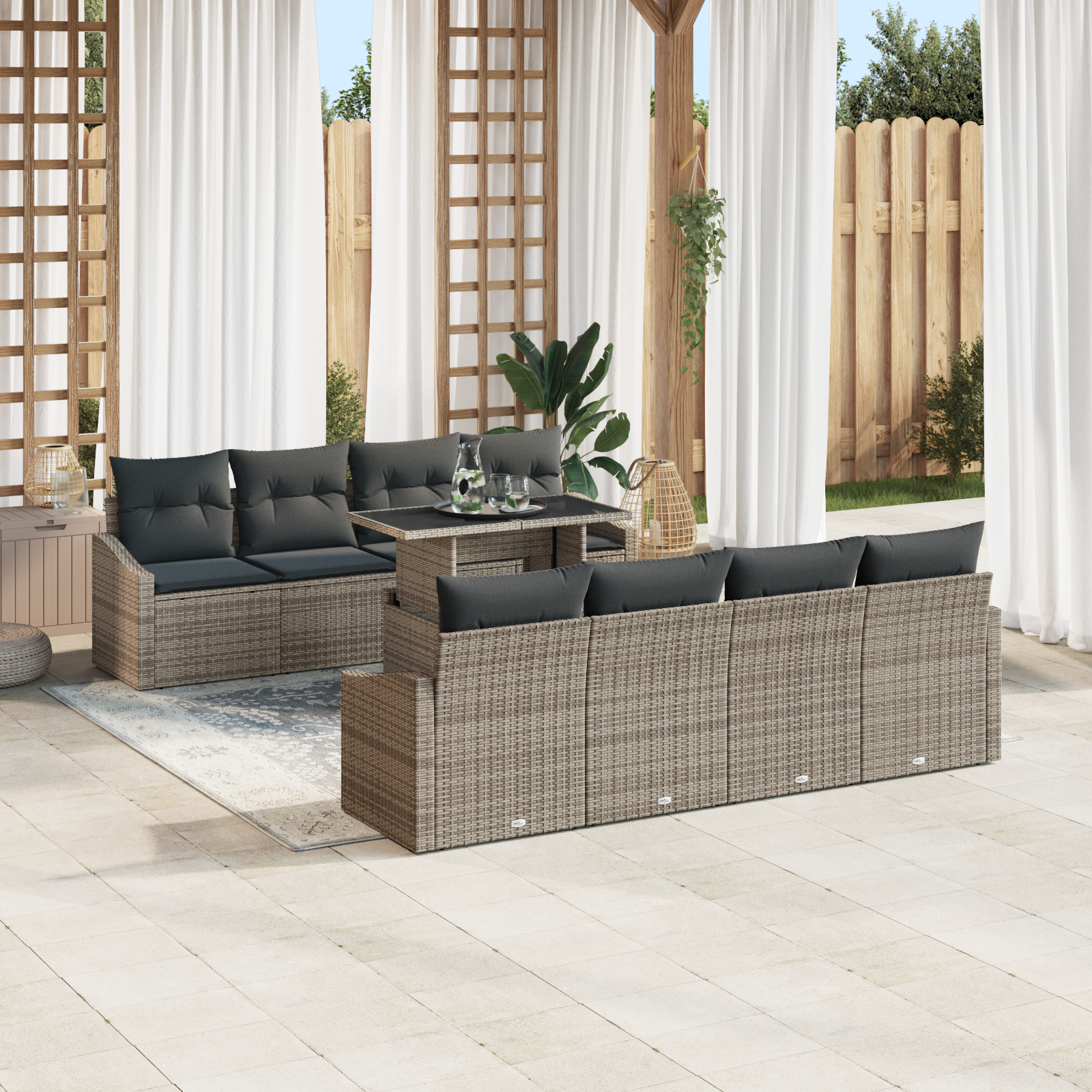 vidaXL 7-delige tuinset met kussens Grijs Poly Rattan