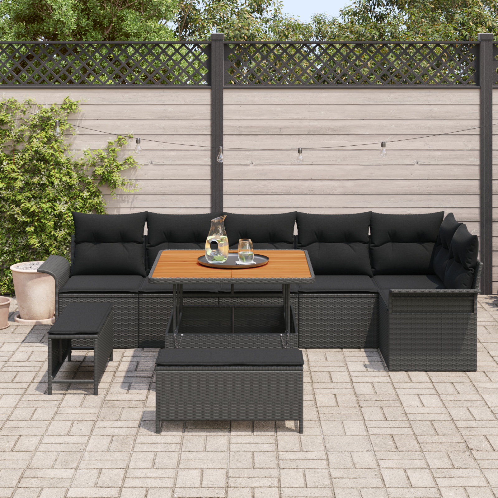vidaXL 9-delige Tuinbankenset met kussens poly rattan acacia zwart