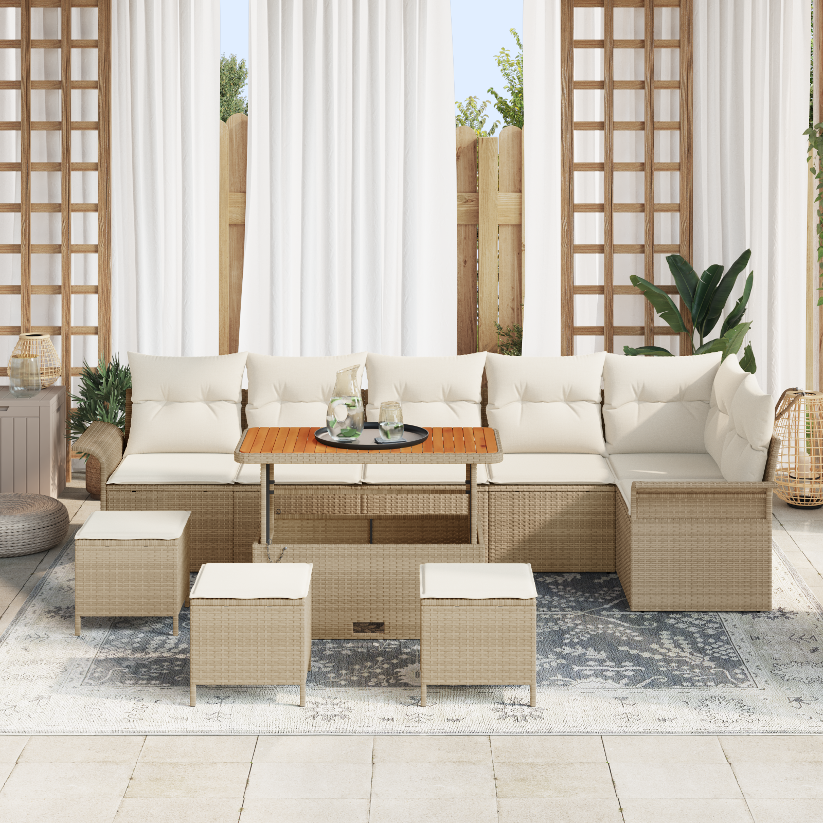 vidaXL 10-delige Tuinbankenset met kussens poly rattan acacia beige