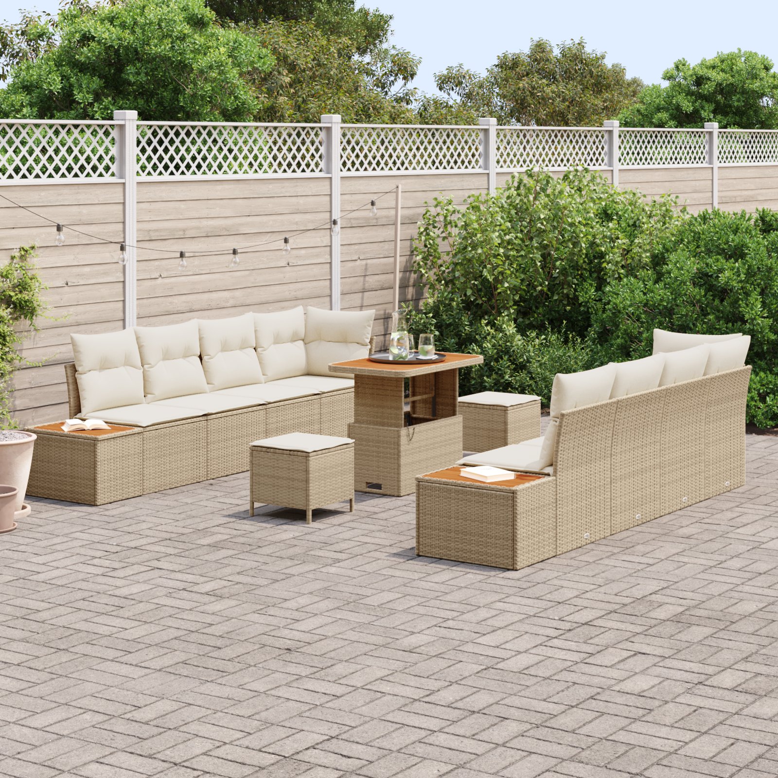 vidaXL 11-delige Tuinbankenset met kussens poly rattan acacia beige