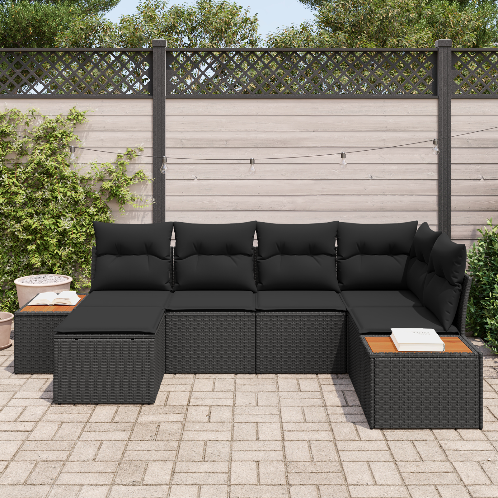 vidaXL 6-delige tuinsofa set met kussens in zwart poly rattan en acacia