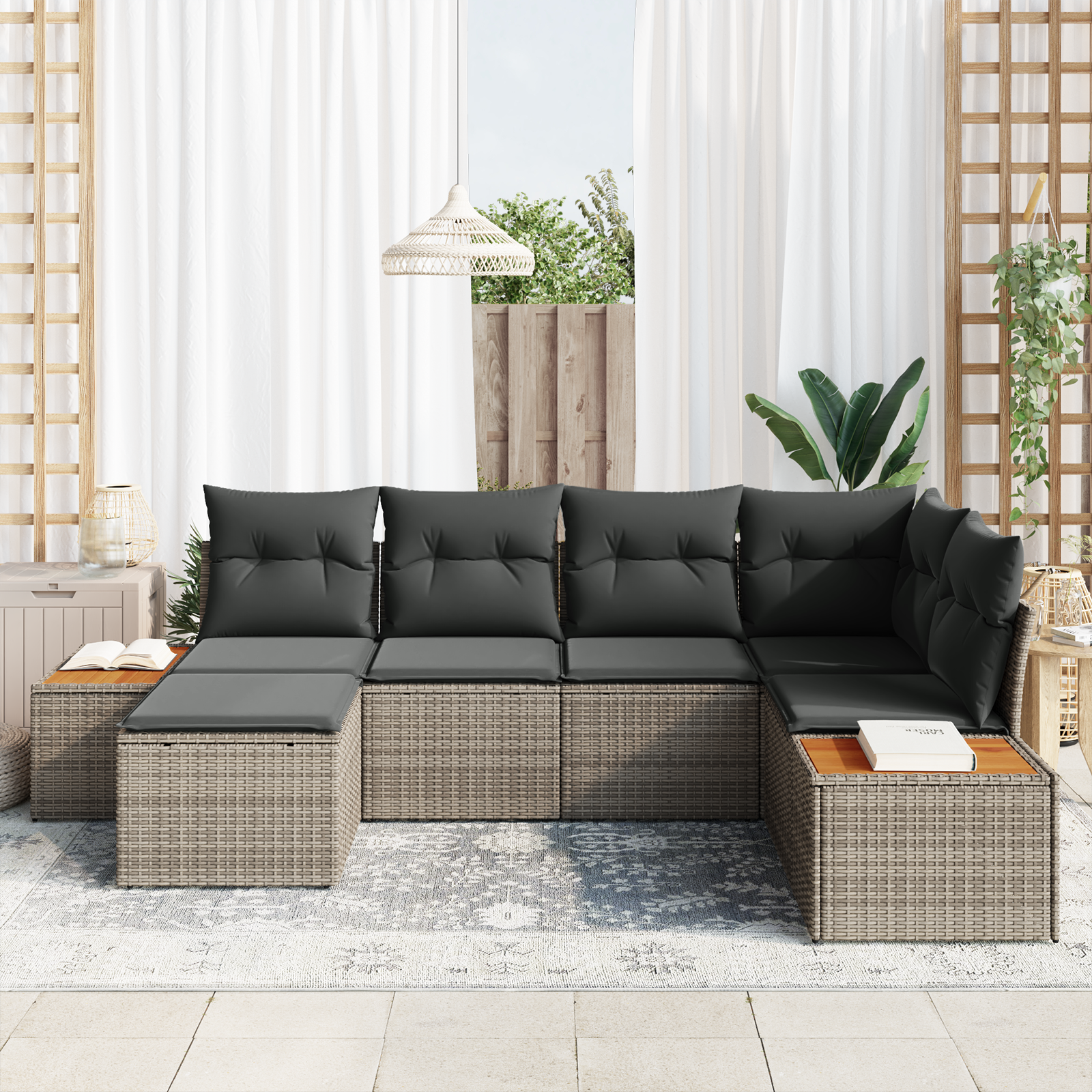 vidaXL 6-delige tuinbankset met kussens in de kleur grijs van poly rattan en acacia