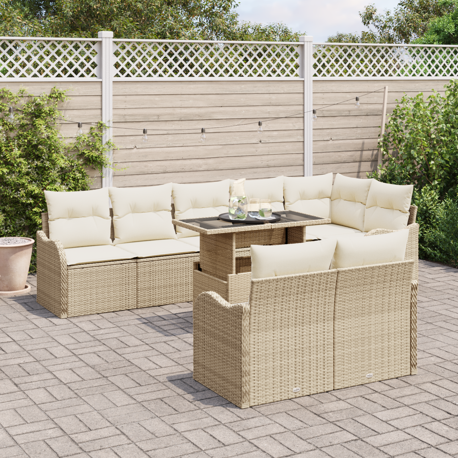 vidaXL 9-delige tuinbankset met kussens in beige poly rattan