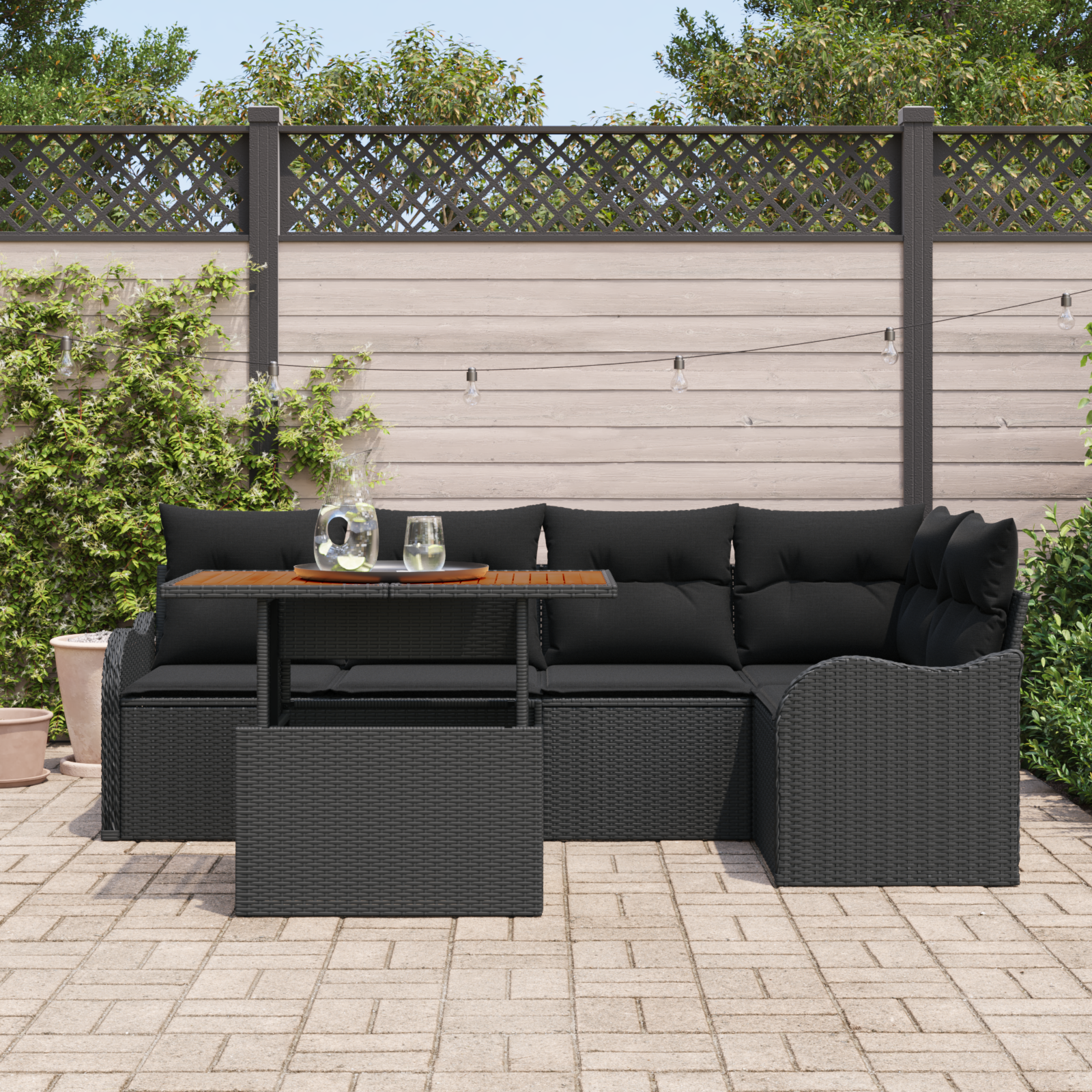 vidaXL 6-delige tuinsofa set met kussens in zwart poly rattan en acacia