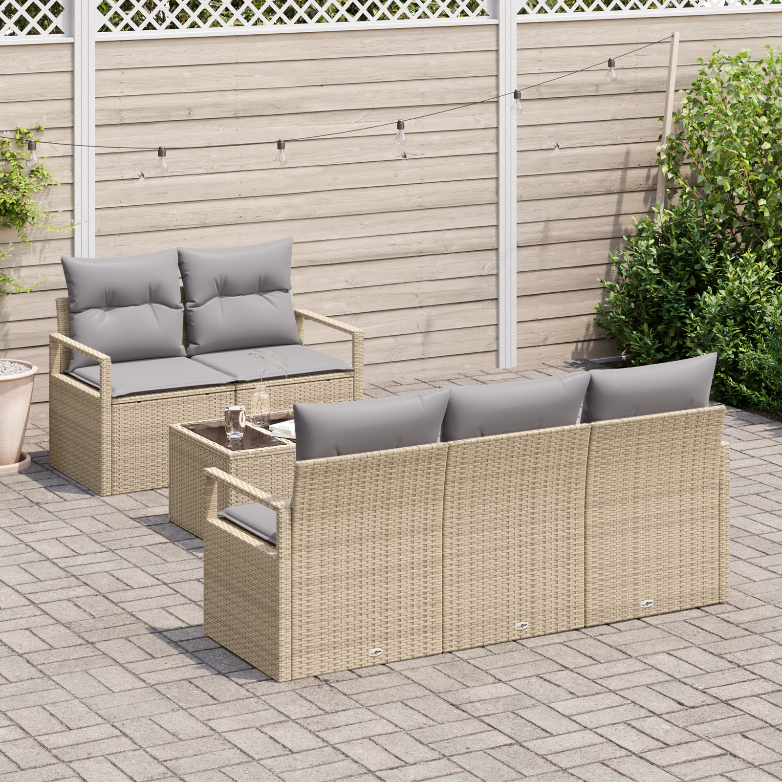vidaXL 6-delige tuinset met kussens in beige poly rattan