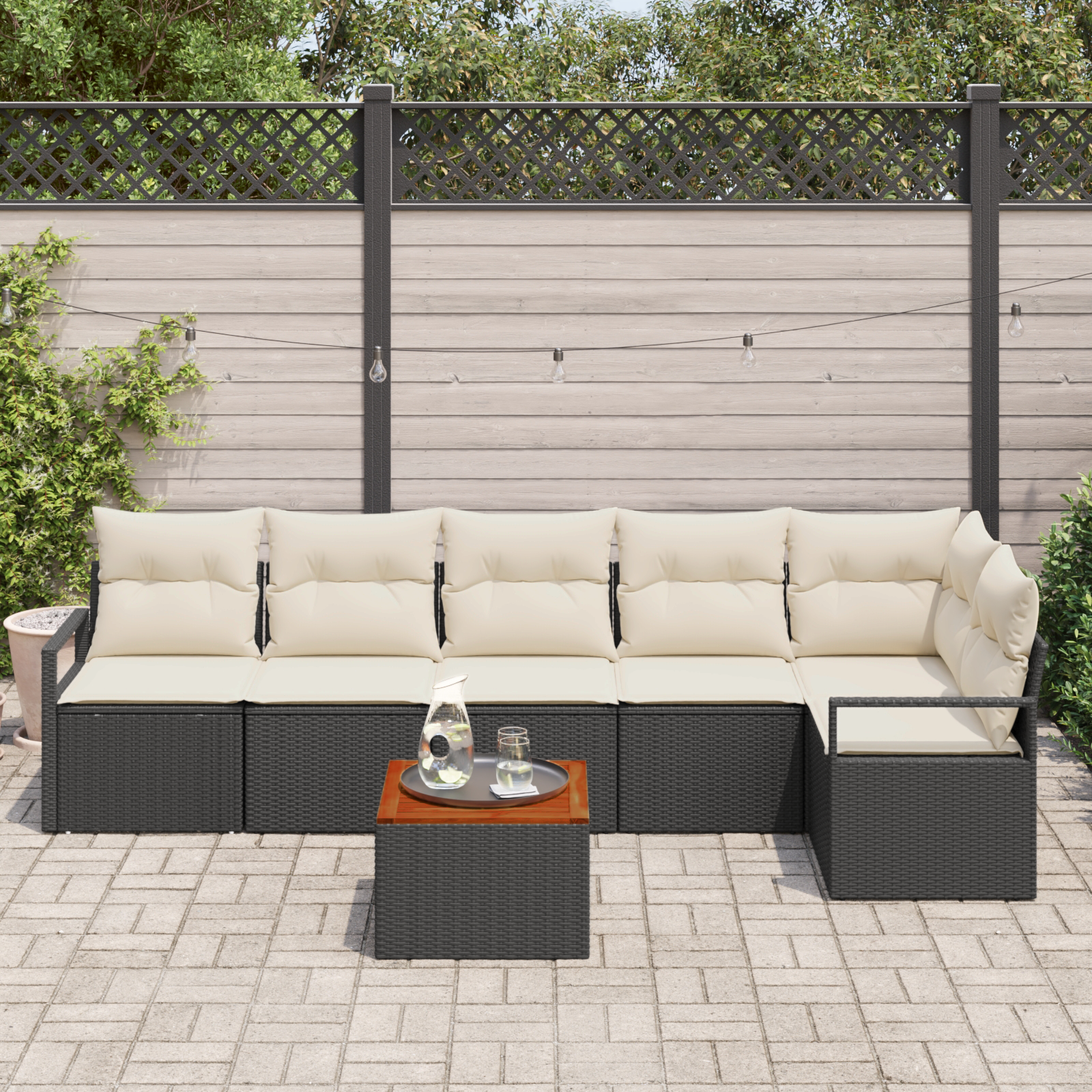 vidaXL 7-delige tuinset met kussens zwart poly riet acacia
