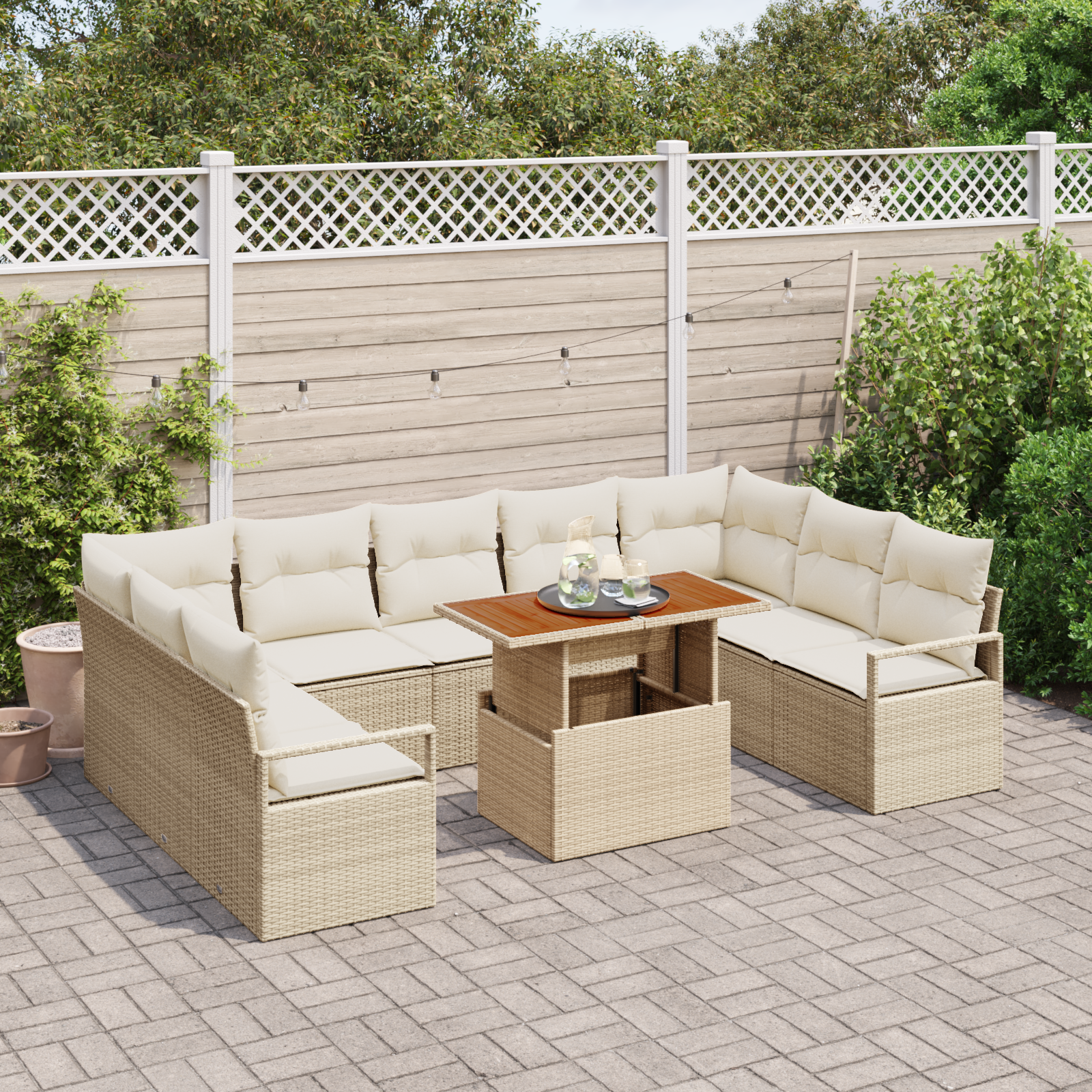vidaXL 10-delige Tuinbankenset met kussens poly rattan acacia beige