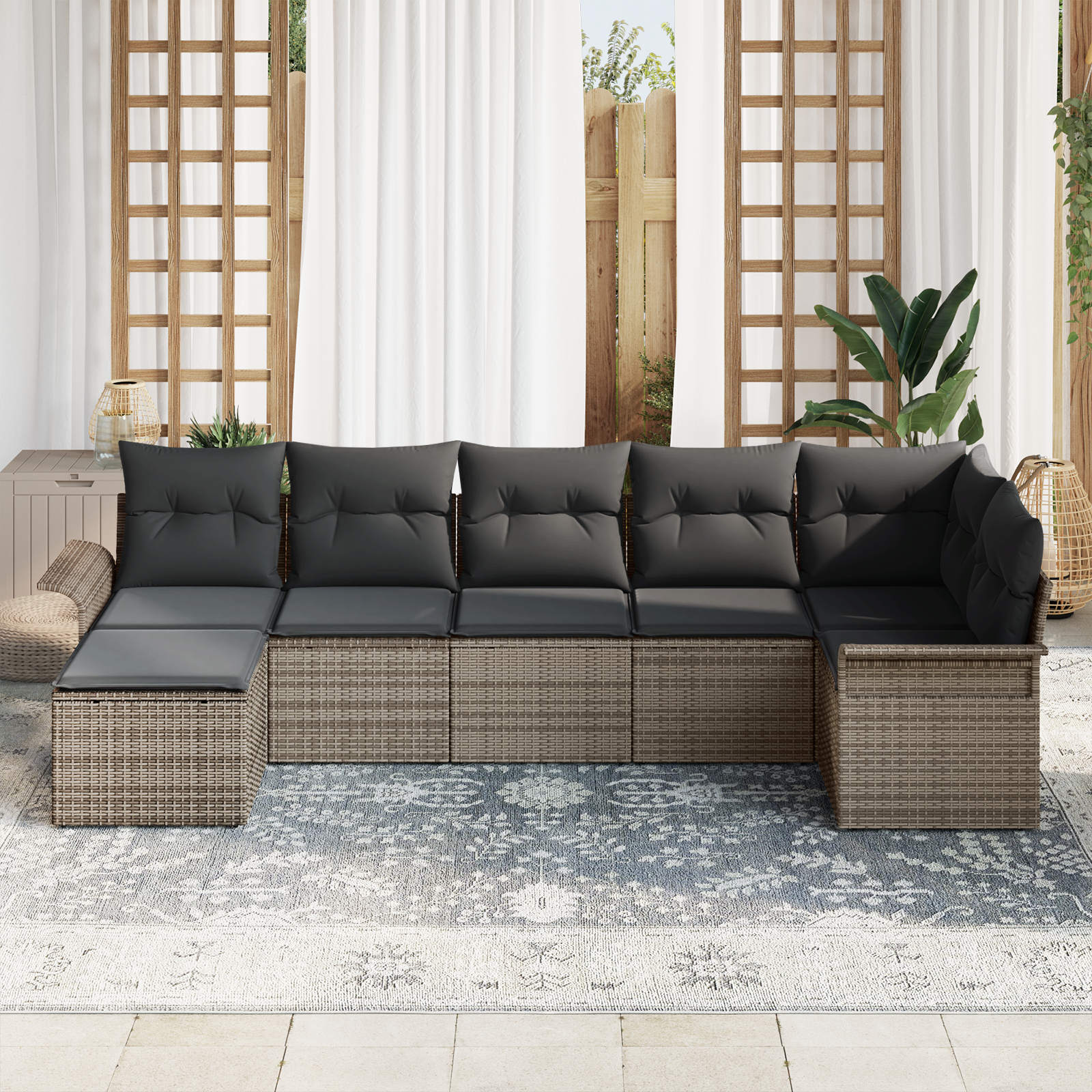 vidaXL 7-delige Tuinbankenset met kussens poly rattan grijs