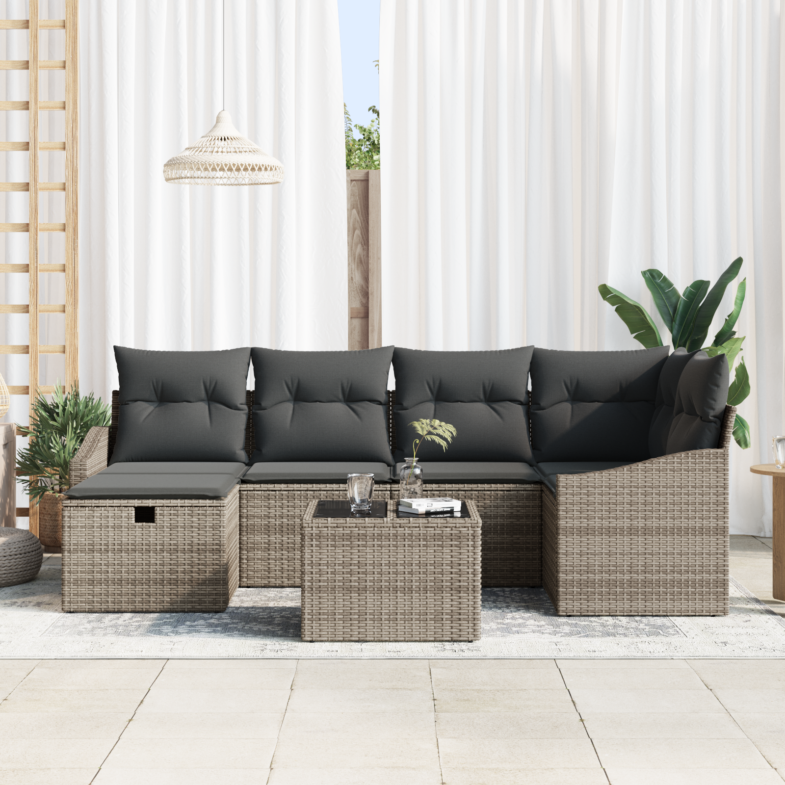 vidaXL 7-delige tuinbankset met kussens grijze poly rattan