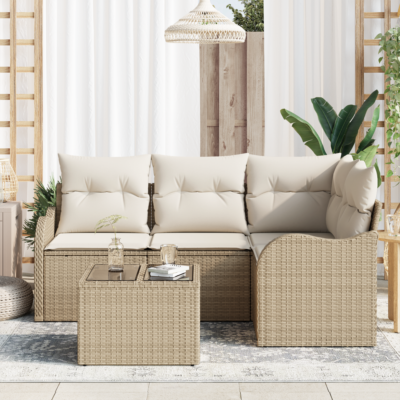 vidaXL 5-delige Tuinbankenset met kussens poly rattan bruin