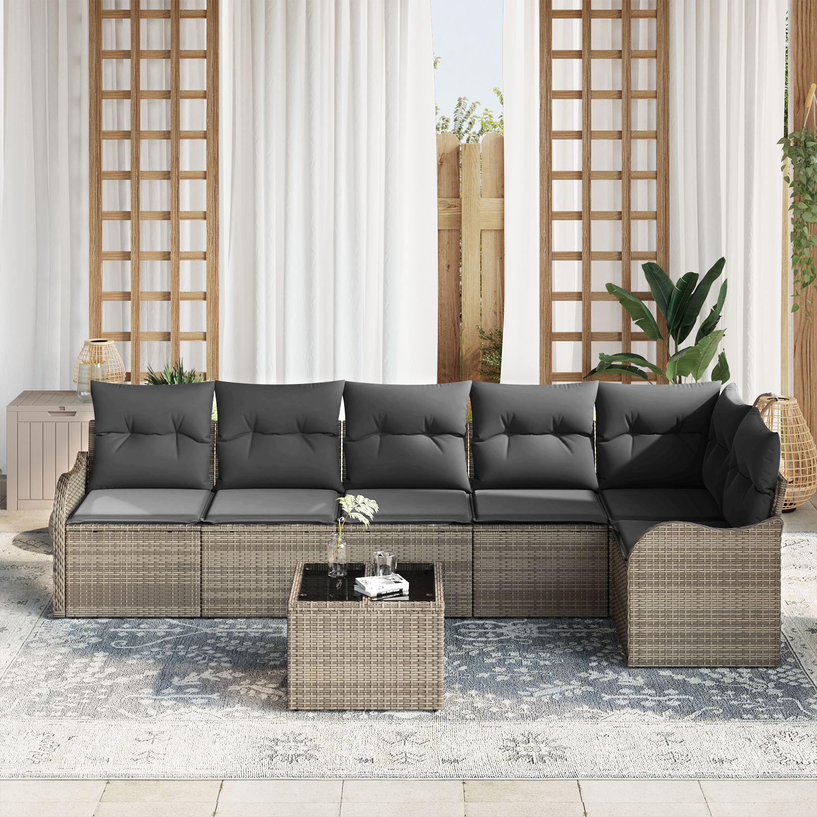 vidaXL 6-delige Tuinbankenset met kussens poly rattan zwart