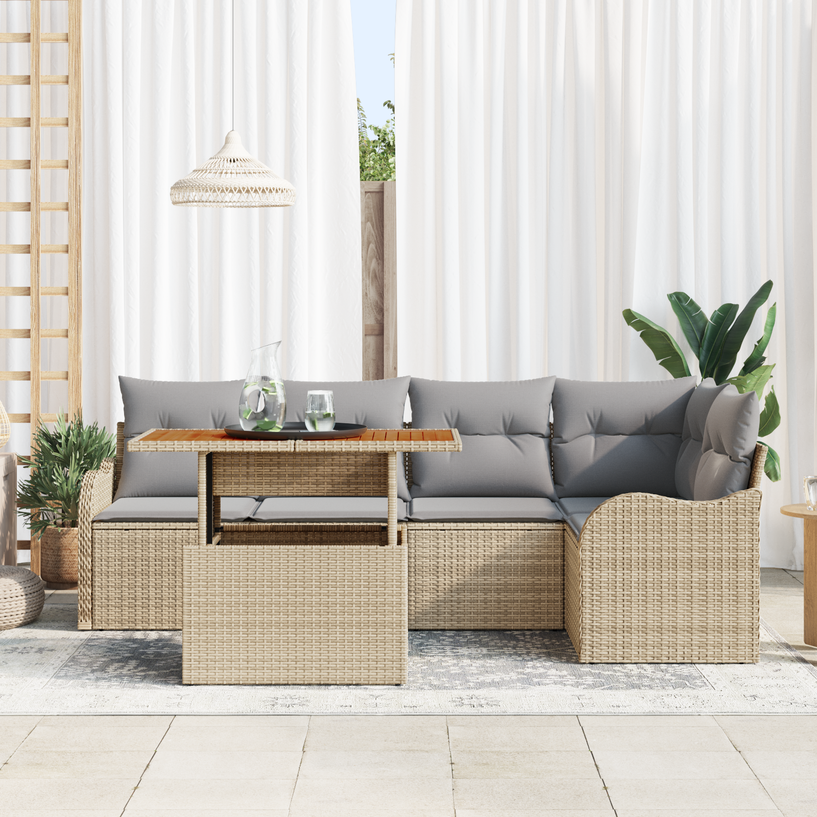 vidaXL 6-delige tuinset met kussens Beige Poly Rattan Acacia