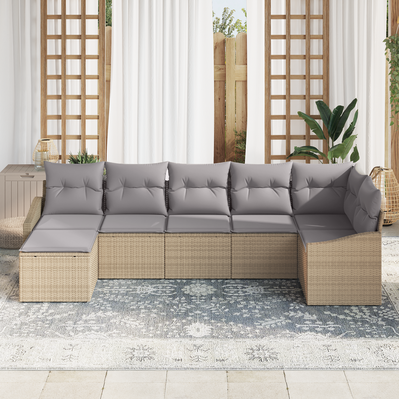 vidaXL 7-delige Tuinbankenset met kussens poly rattan beige