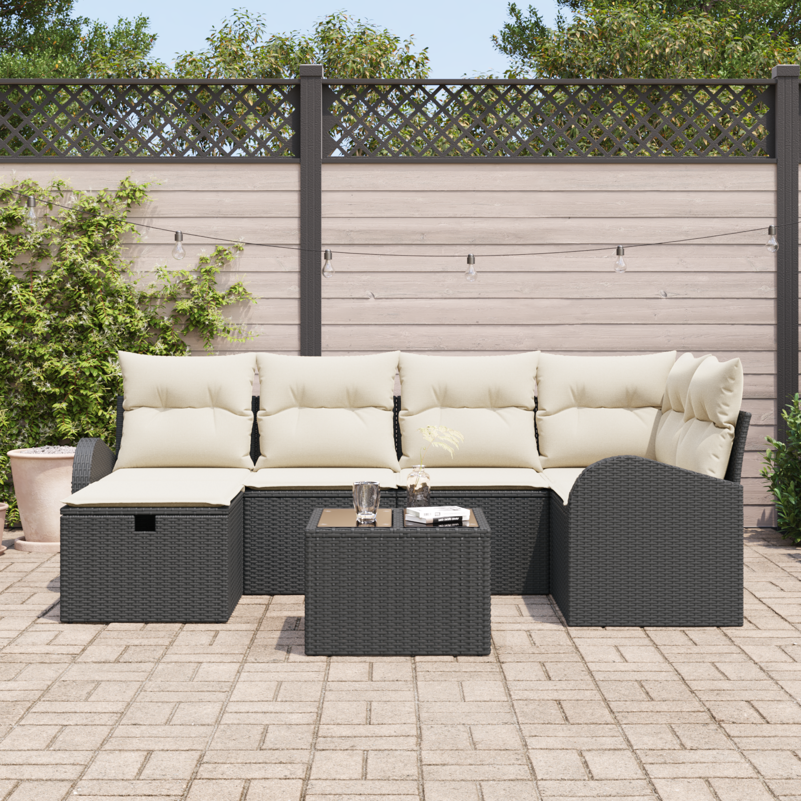 vidaXL 7-delige Tuinbankenset met kussens poly rattan zwart