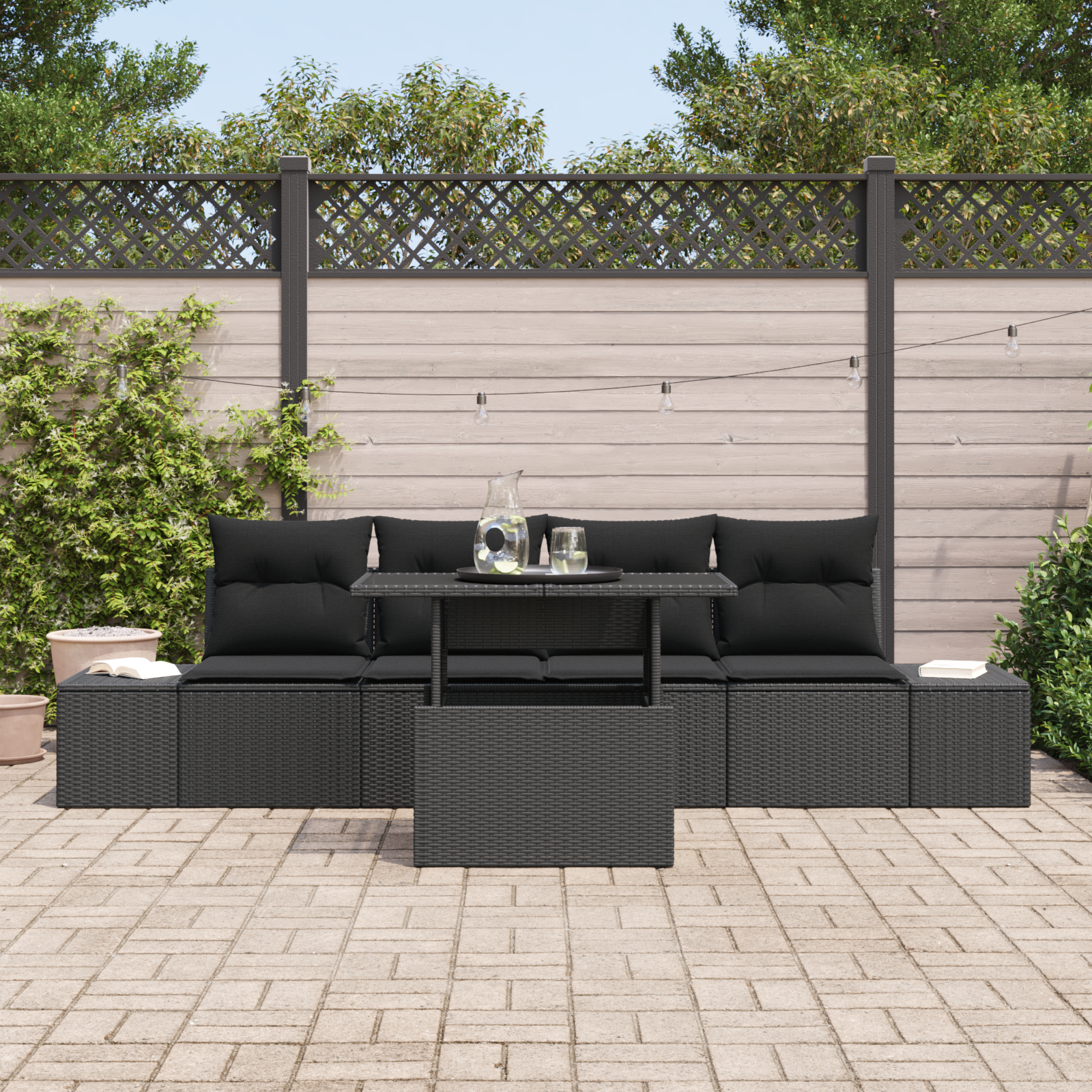 vidaXL 5-delige Tuinbankenset met kussens poly rattan zwart
