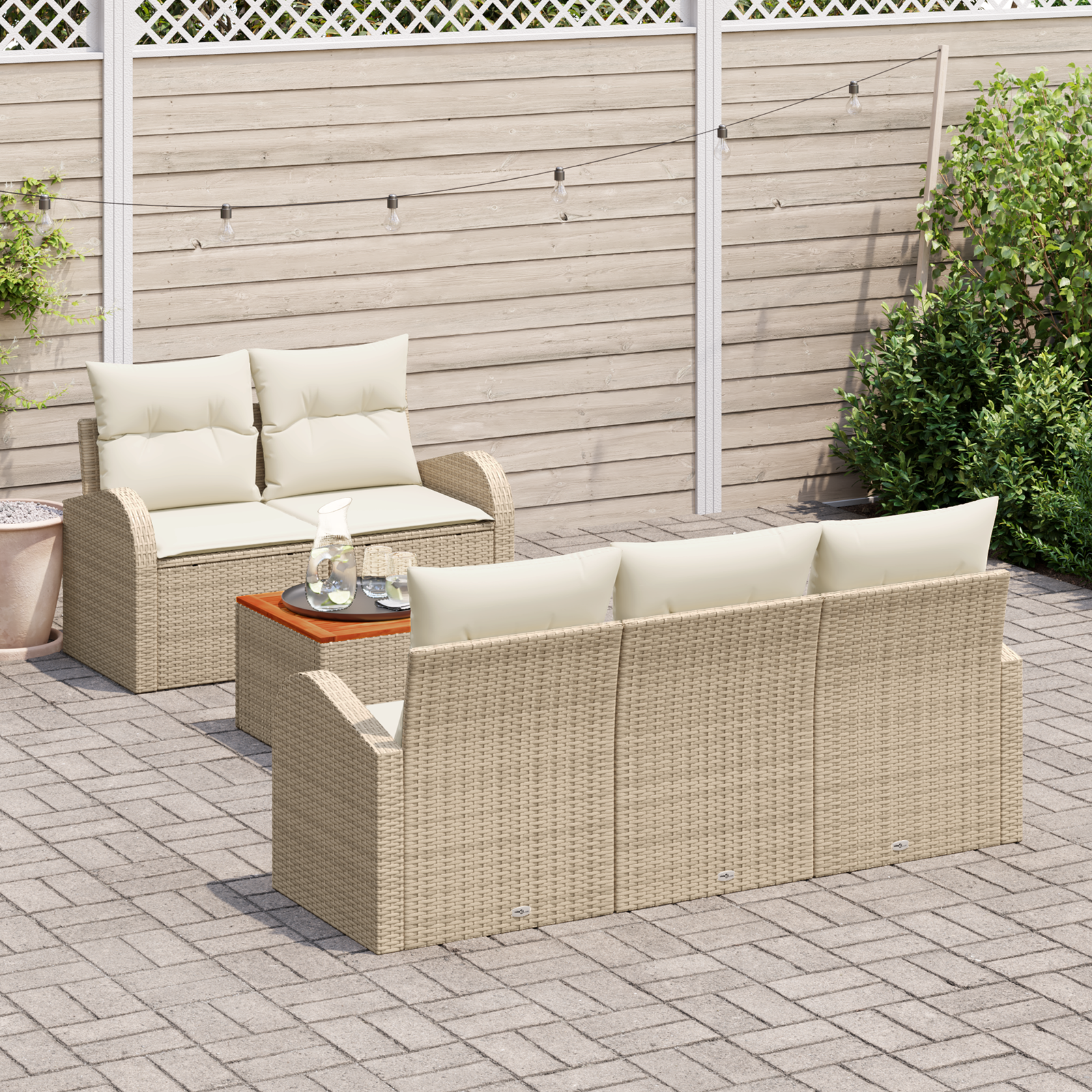 vidaXL 6-delige tuinbankset met kussens in beige, van poly rattan en acacia