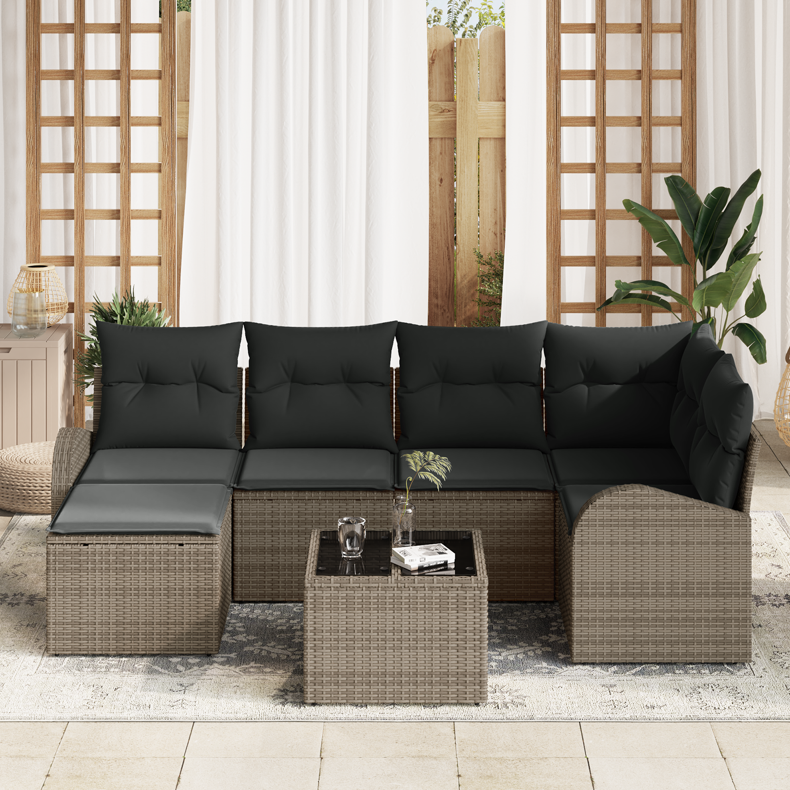 vidaXL 6-delige tuinset met kussens Zwart Poly Rattan