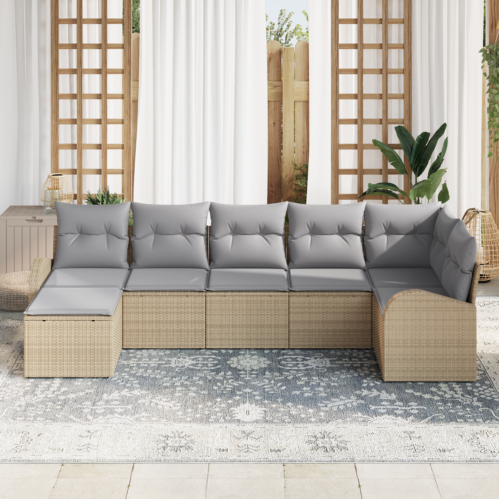 vidaXL 7-delige ligbed set met kussens Beige Poly Rattan