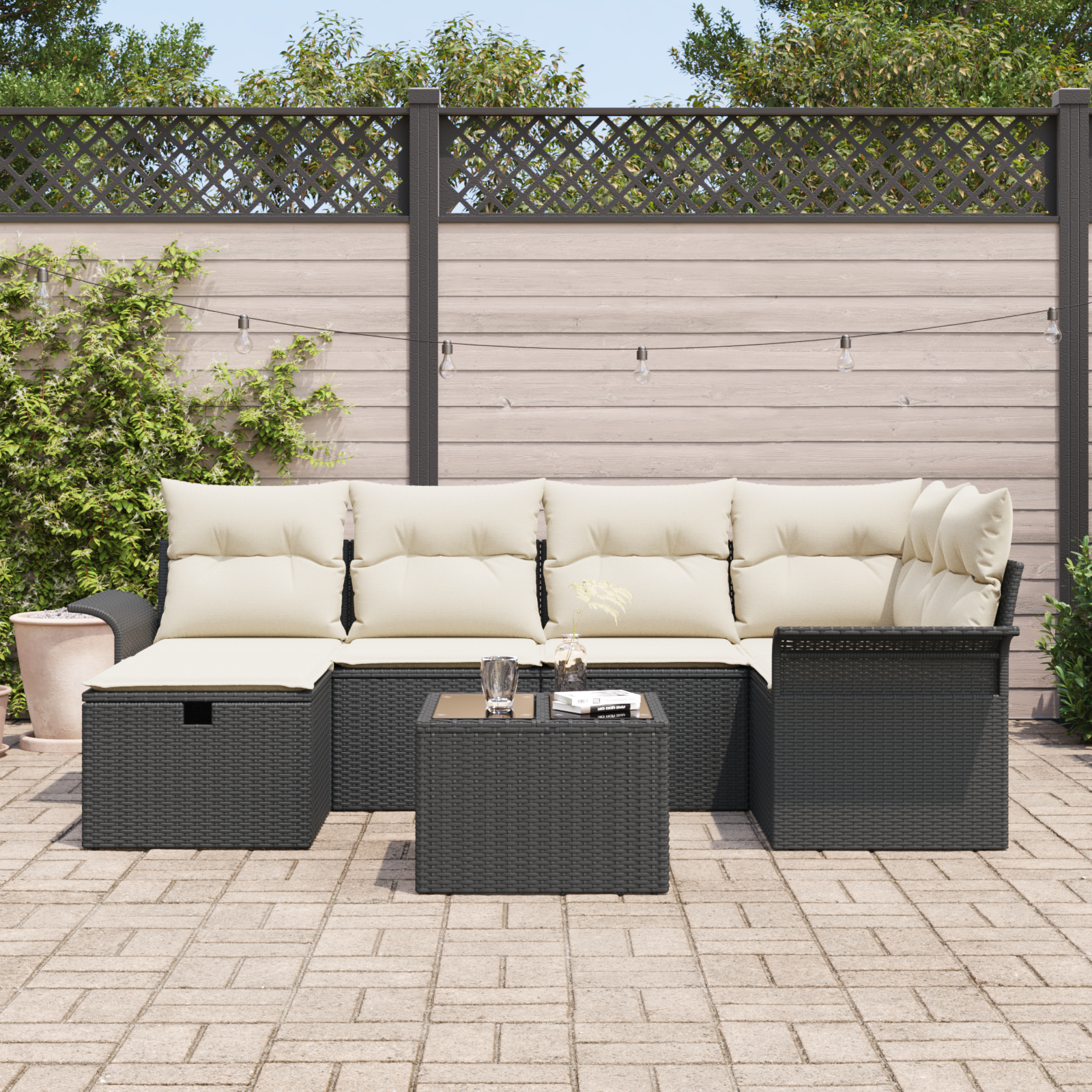 vidaXL 7-delige tuinset met kussens zwart poly riet