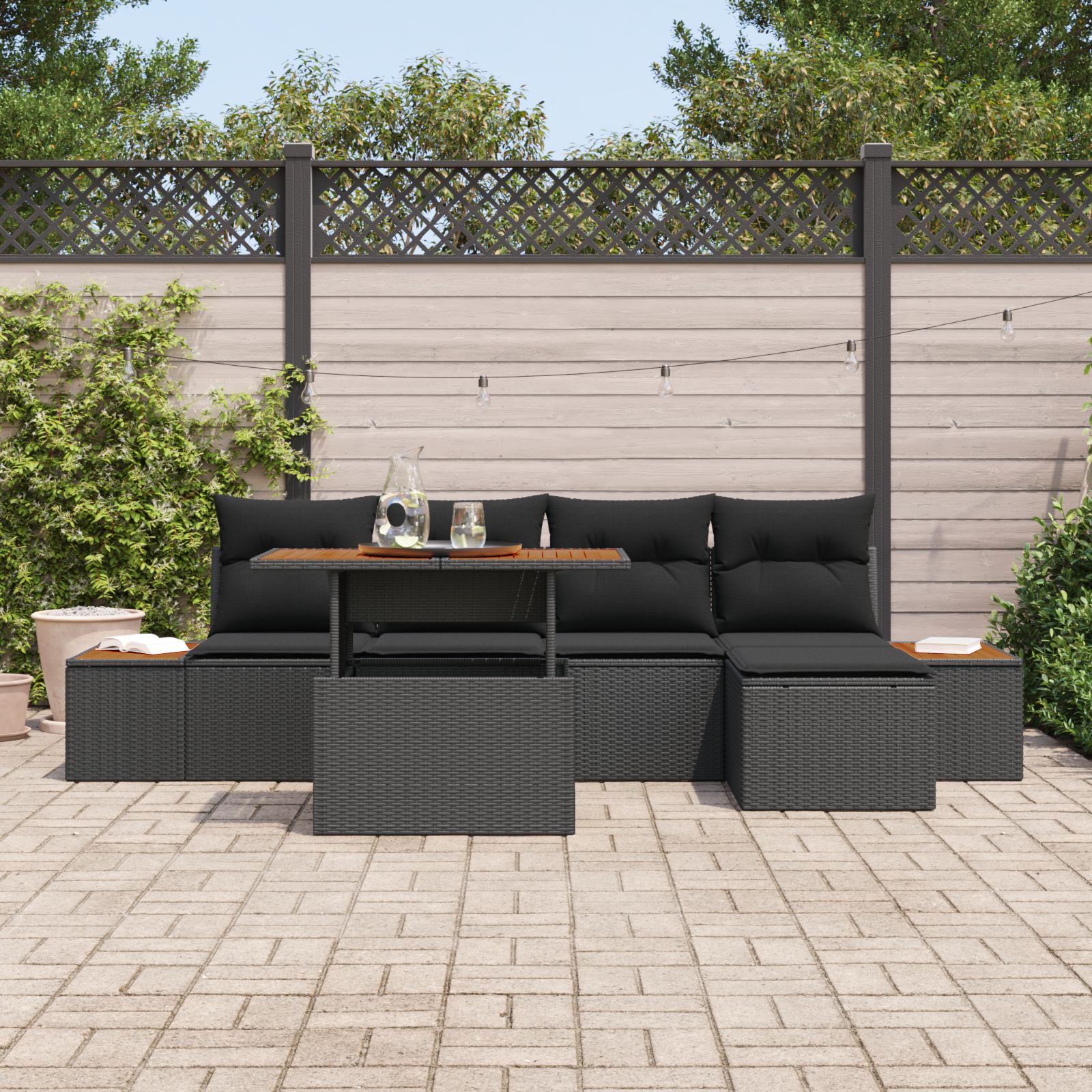 vidaXL 6-delige Tuin Eettafel Set met Kussens Zwart Poly Rattan Acacia