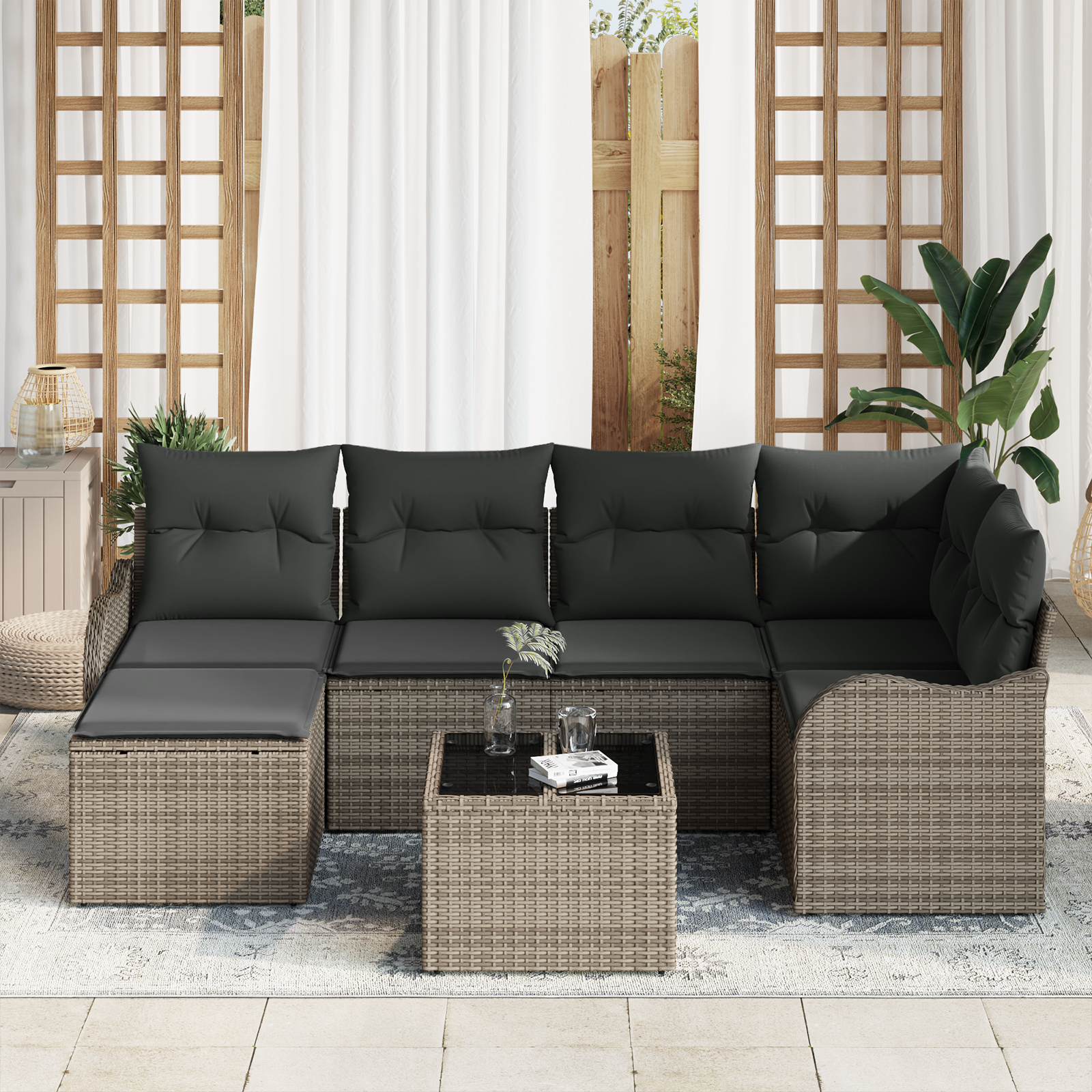 vidaXL 6-delige tuinset met kussens in zwart poly rattan