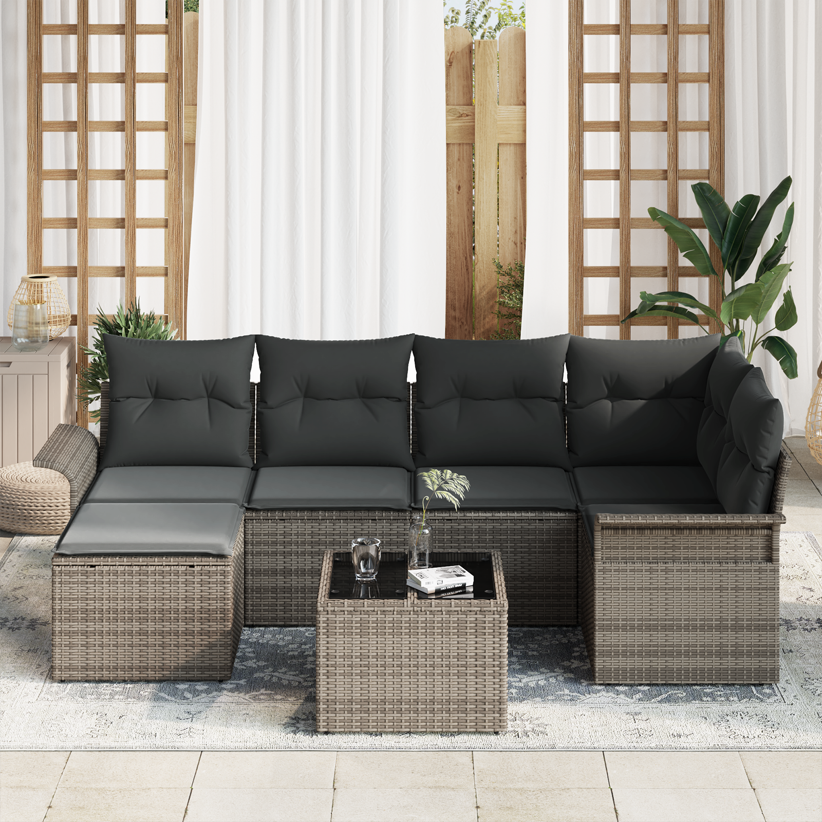 vidaXL 6-delige tuinset met kussens zwart poly rattan