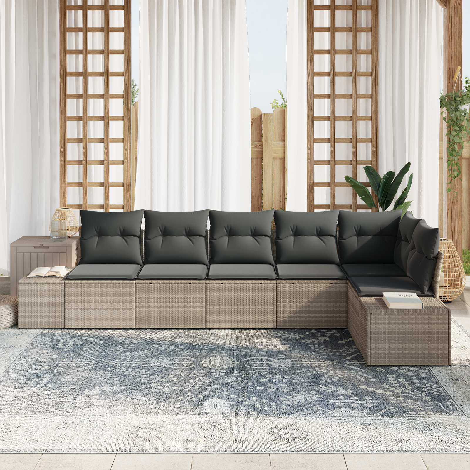 vidaXL 6-delige Tuinbankenset met kussens poly rattan lichtgrijs