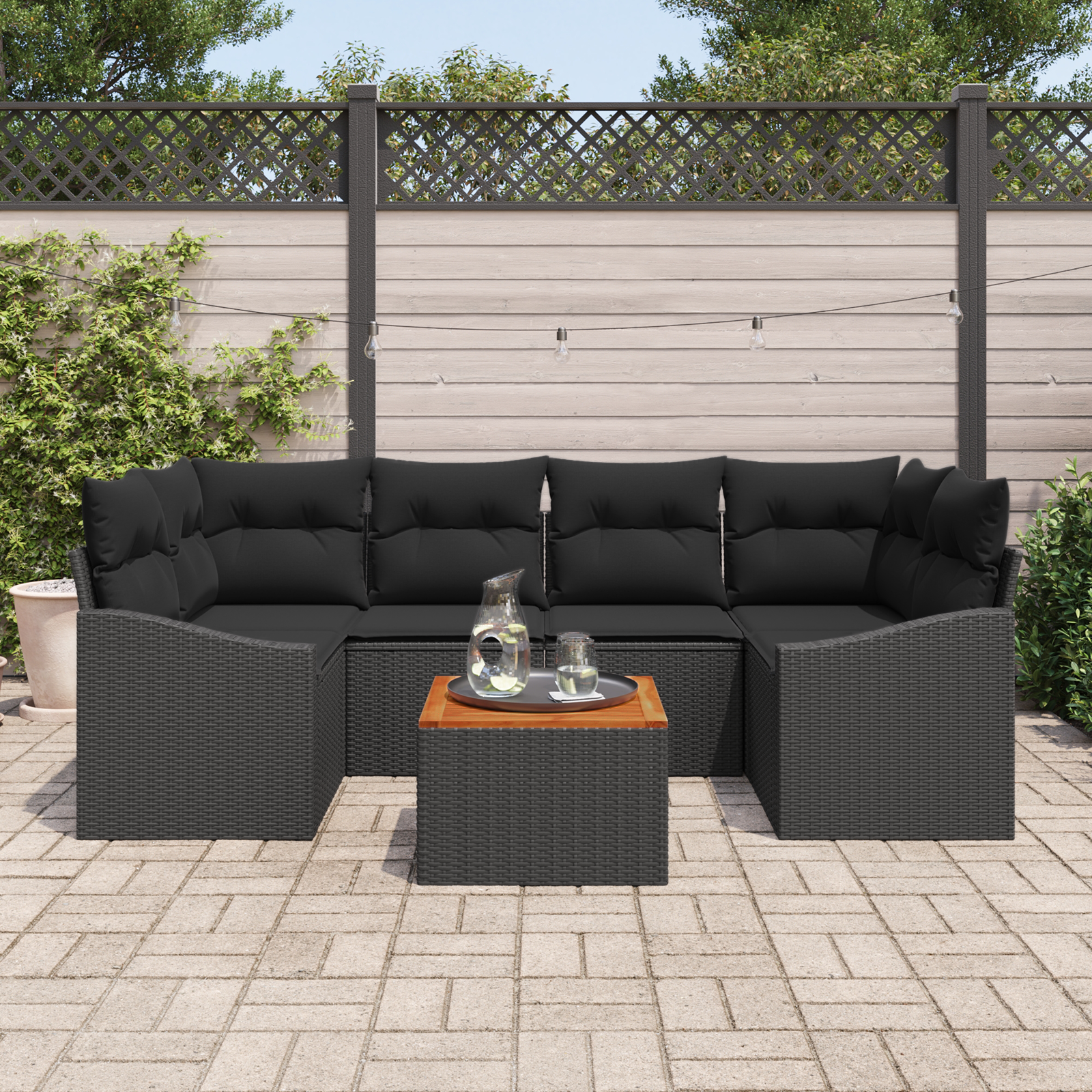 vidaXL 7-delige tuinbankset met kussens zwart poly rattan acacia