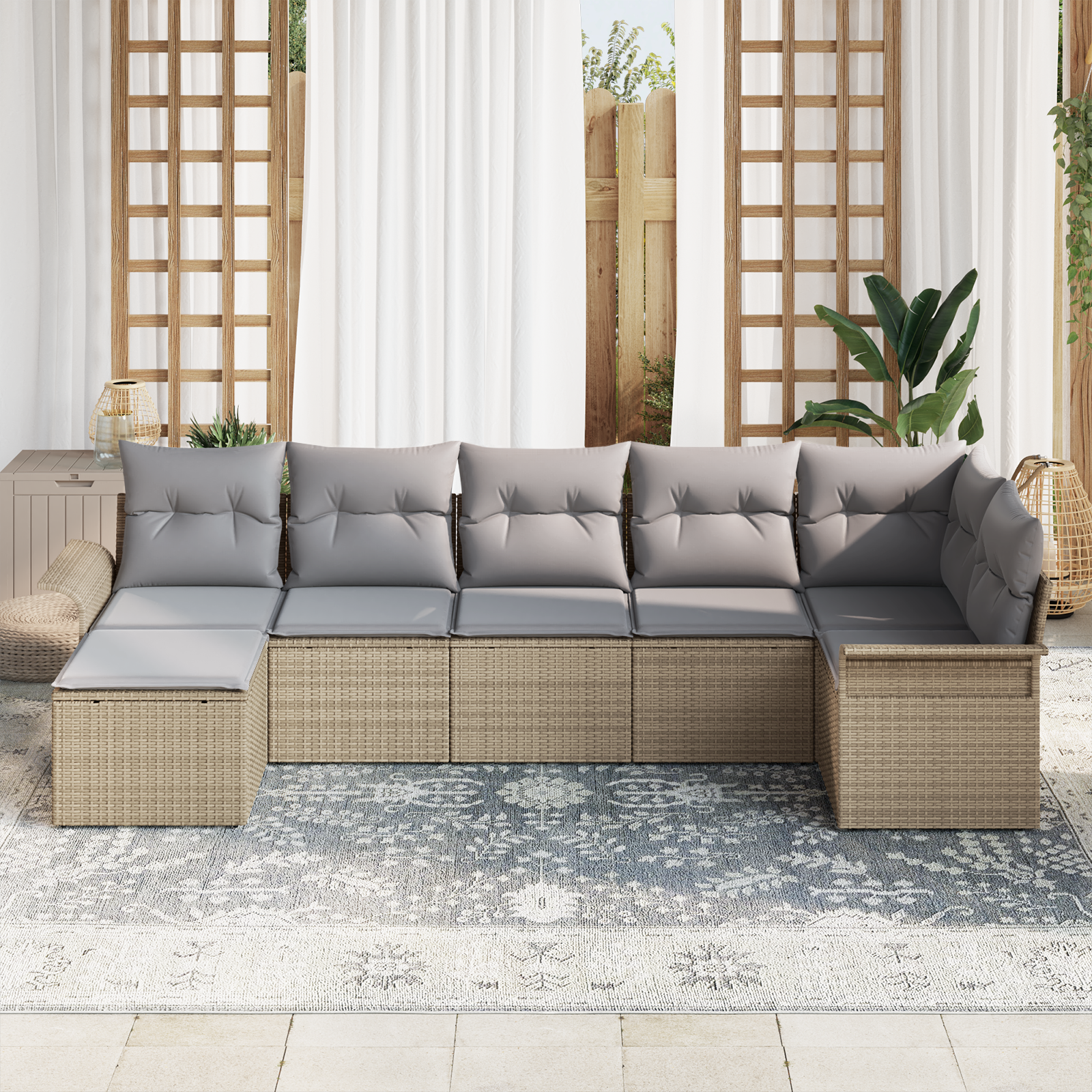 vidaXL 7-delige tuinset met kussens in beige poly rattan