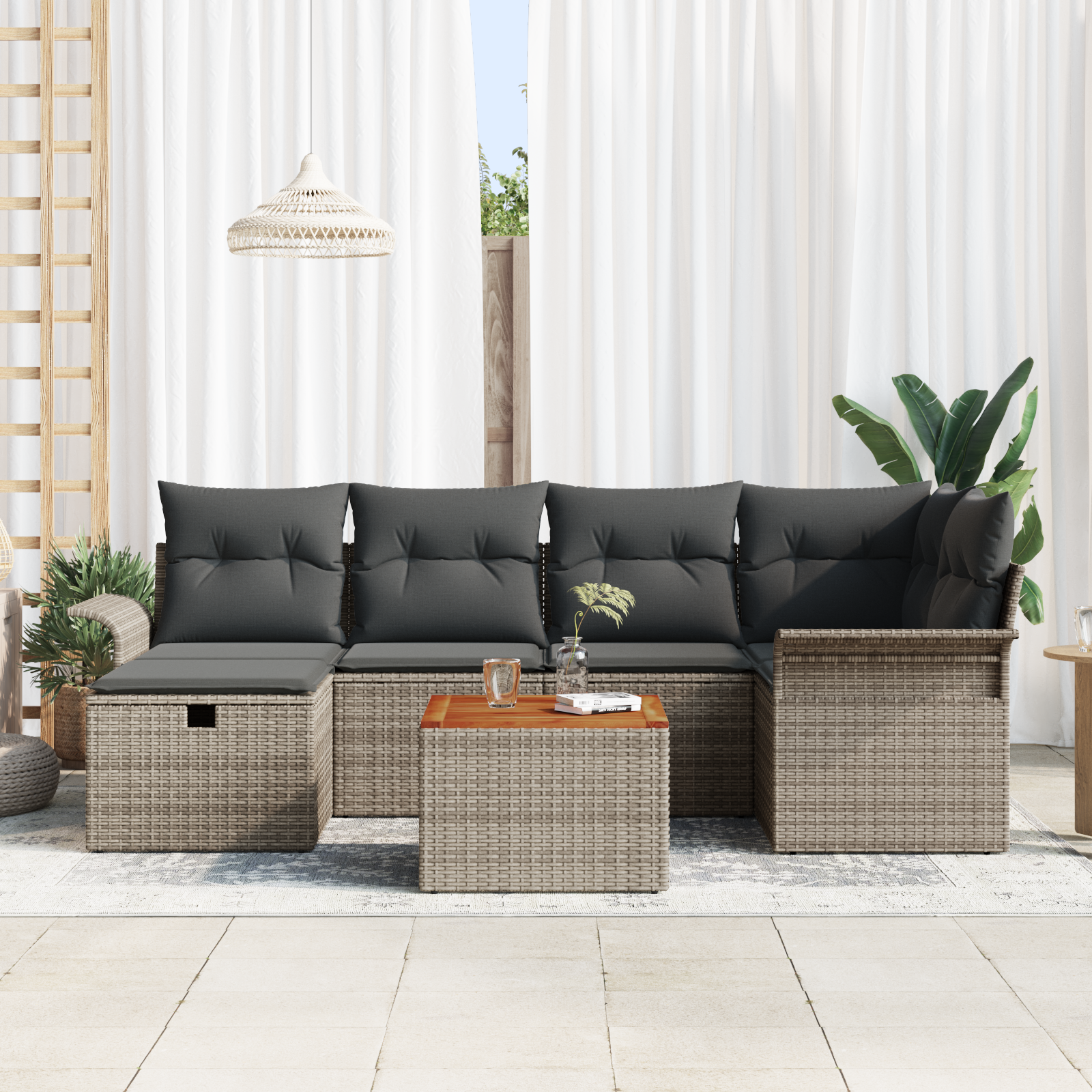 vidaXL 7-delige Tuinbankenset met kussens poly rattan grijs