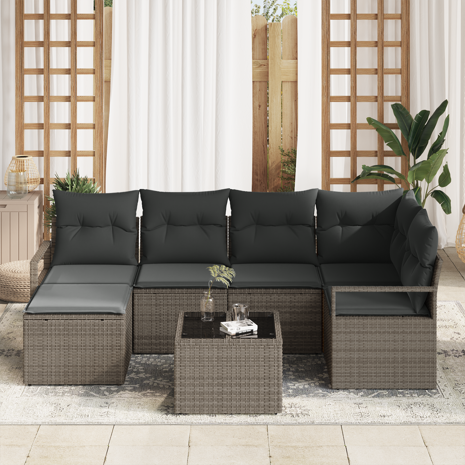 vidaXL 6-delige tuinbankset met kussens in zwart poly rattan