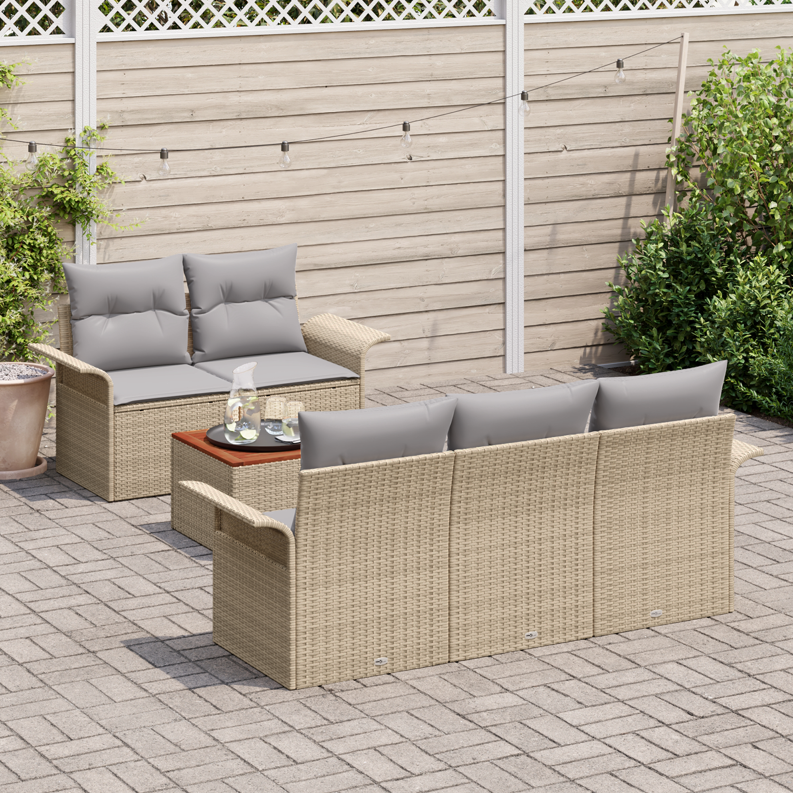 vidaXL 6-delige Tuinbankenset met kussens poly rattan acaciahout beige