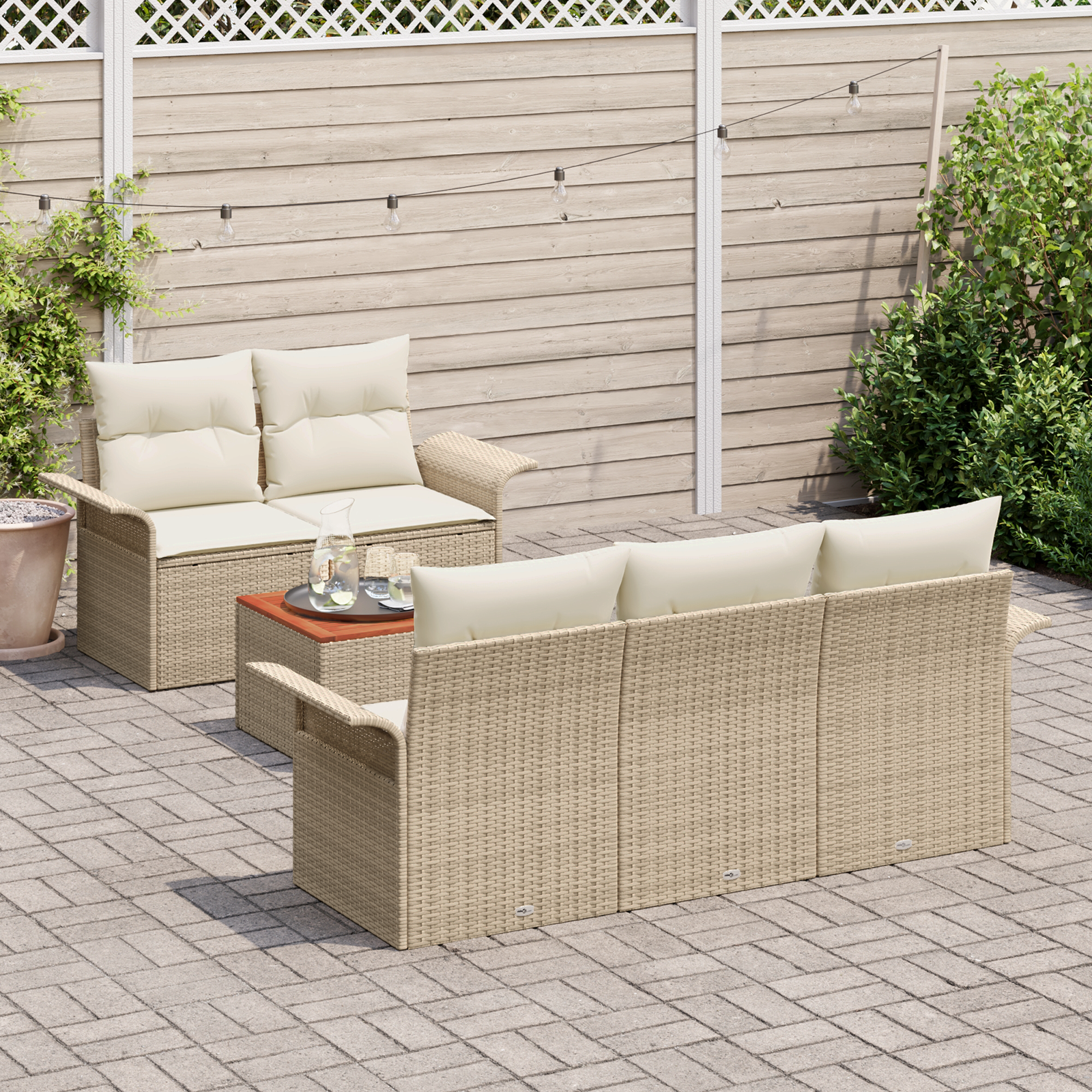 vidaXL 6-delige Tuinbankenset met kussens poly rattan acaciahout beige