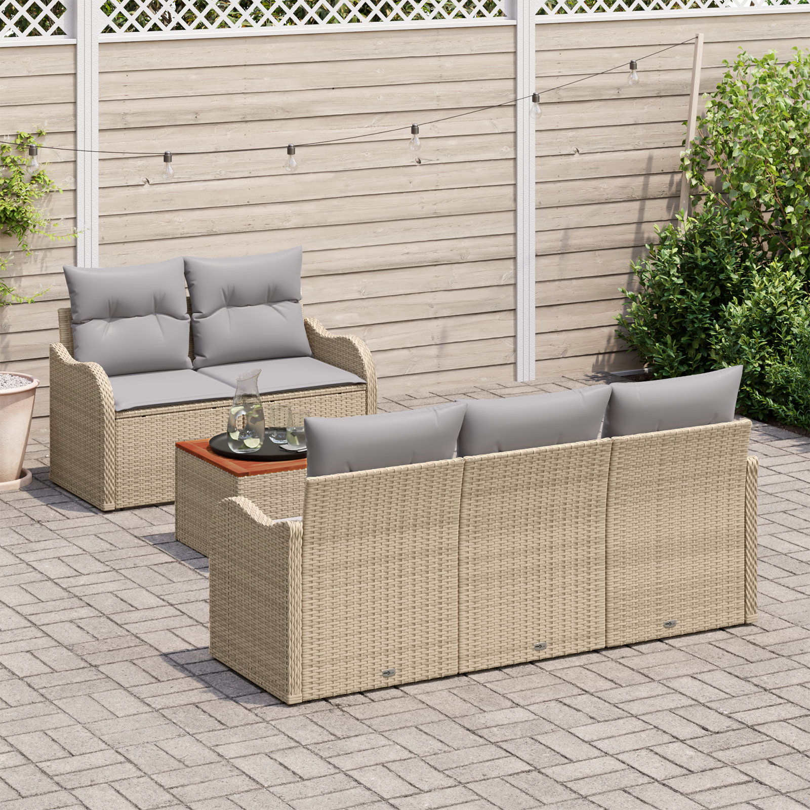 vidaXL 6-delige Tuinbankenset en kussens poly rattan acaciahout beige