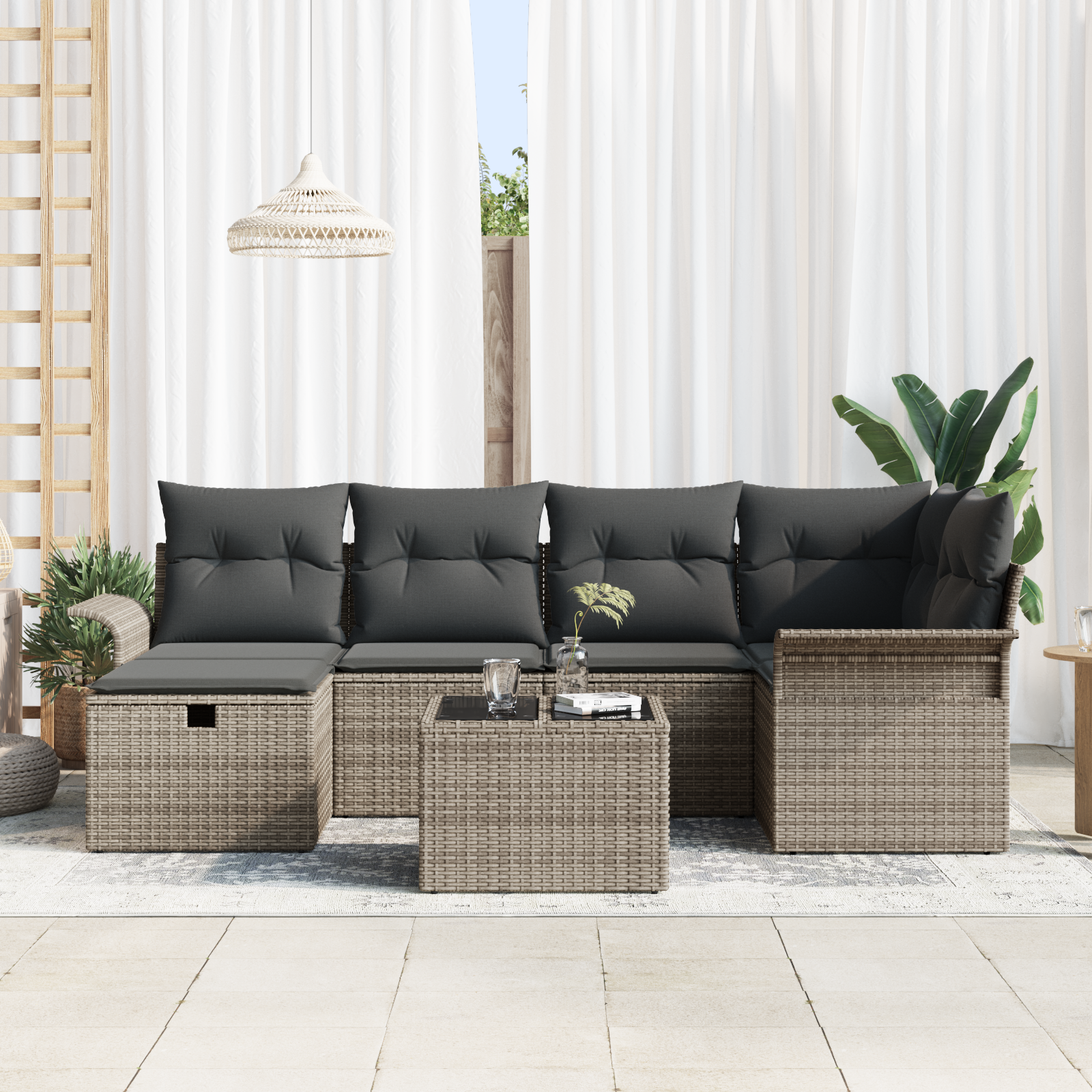 vidaXL 7-delige Tuinbankenset met kussens poly rattan grijs