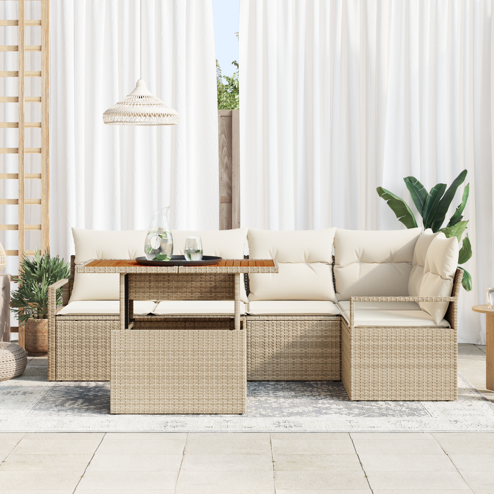 vidaXL 6-delige tuinsofa set met kussens in Beige van Poly Rattan en Acacia
