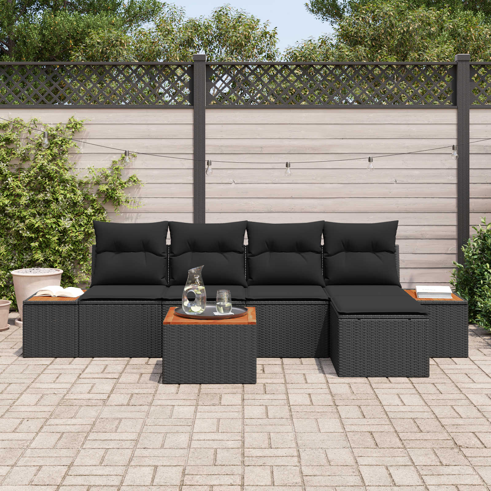 vidaXL 6-delige tuinset met kussens zwart poly rattan acacia