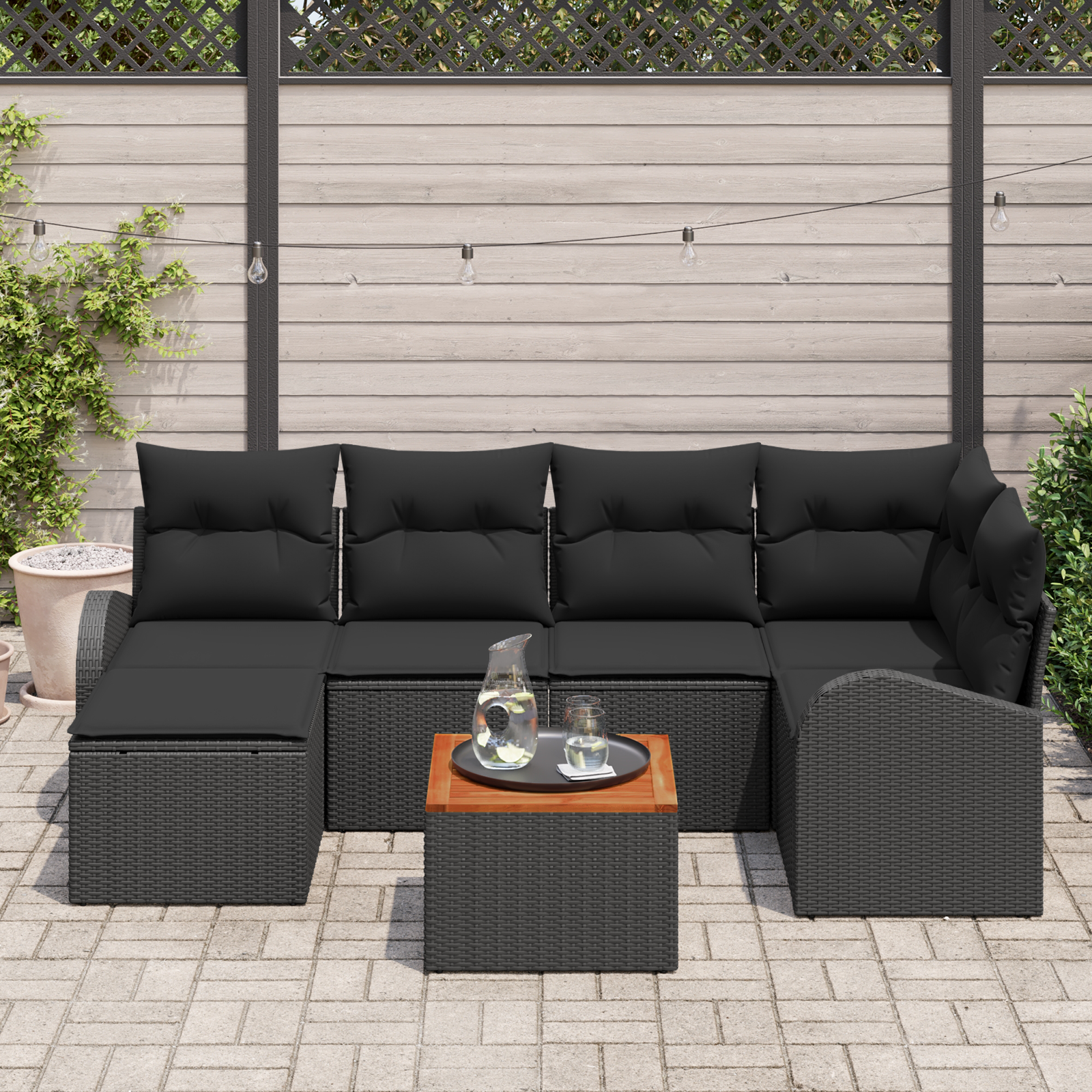 vidaXL 7-delige Tuinbankenset met kussens poly rattan acaciahout zwart