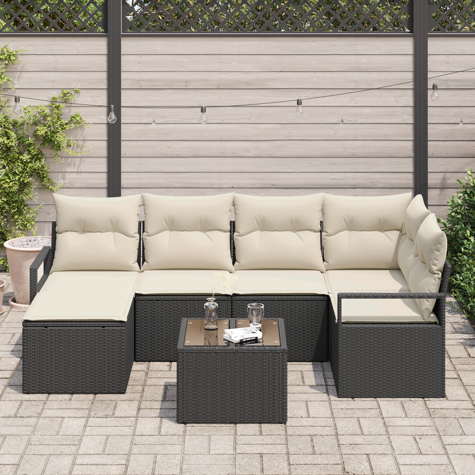 vidaXL 6-delige tuinbankset met kussens in bruin poly riet